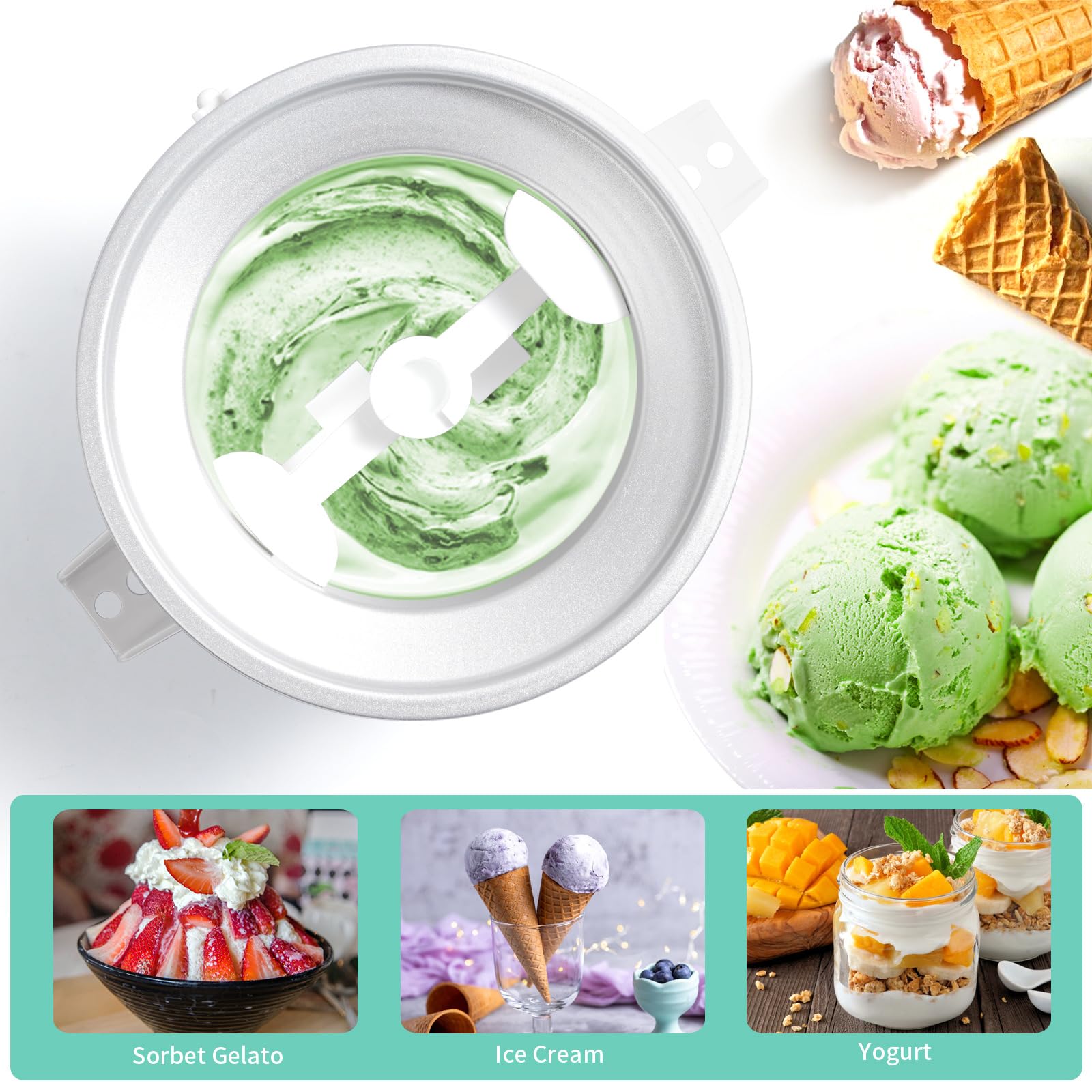 Accesorio de helado compatible con mezcladores KitchenAid de 4.5/5/6/7QT, hace 2 cuartos de helado, compatible con el accesorio de la máquina de helado KitchenAid, apto para lavaplatos (no apto para