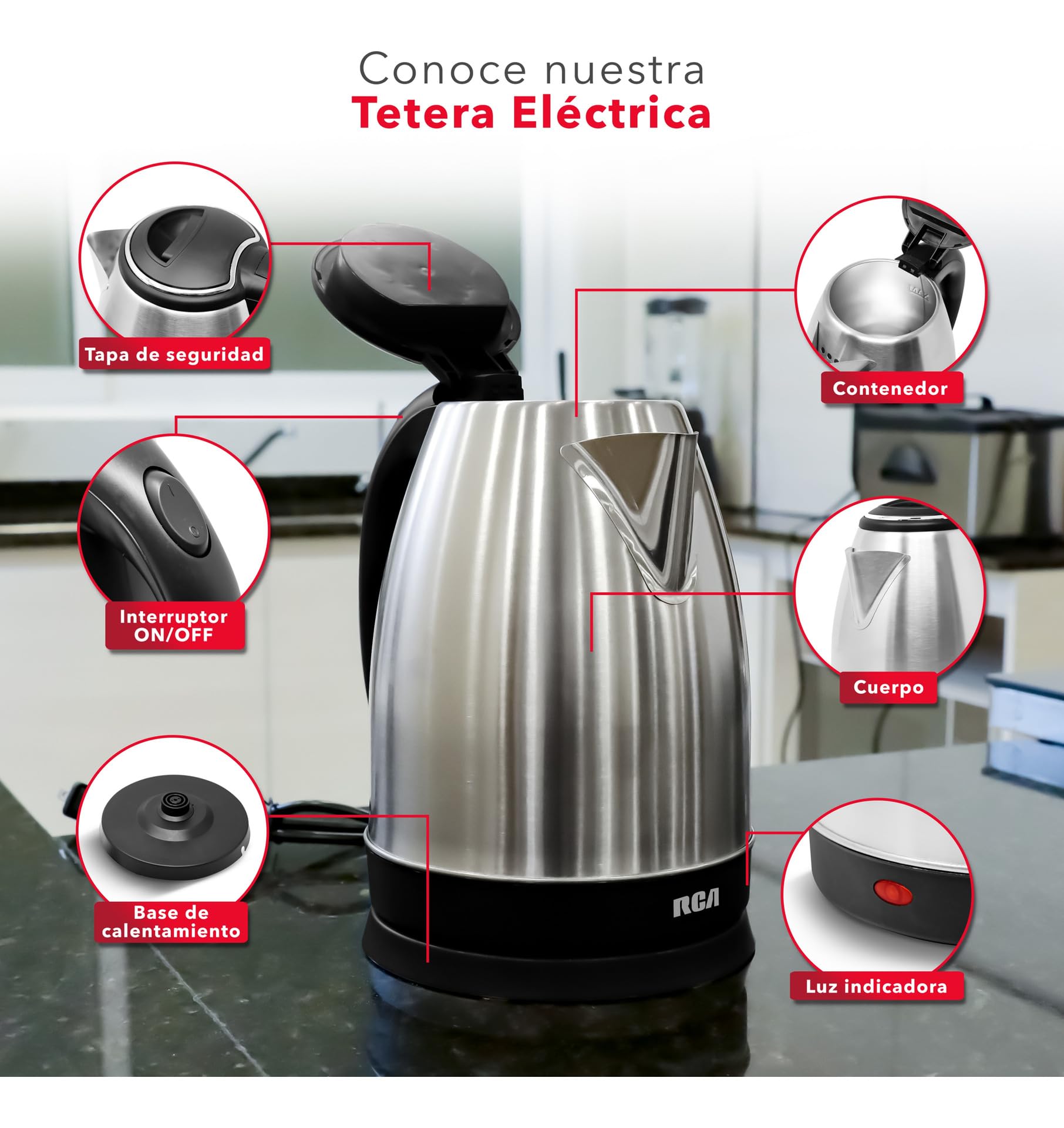 Tetera Eléctrica RCA Acero Inoxidable Luz LED Base Giratoria Apagado Automático 1.8 Litros Diseño Elegante