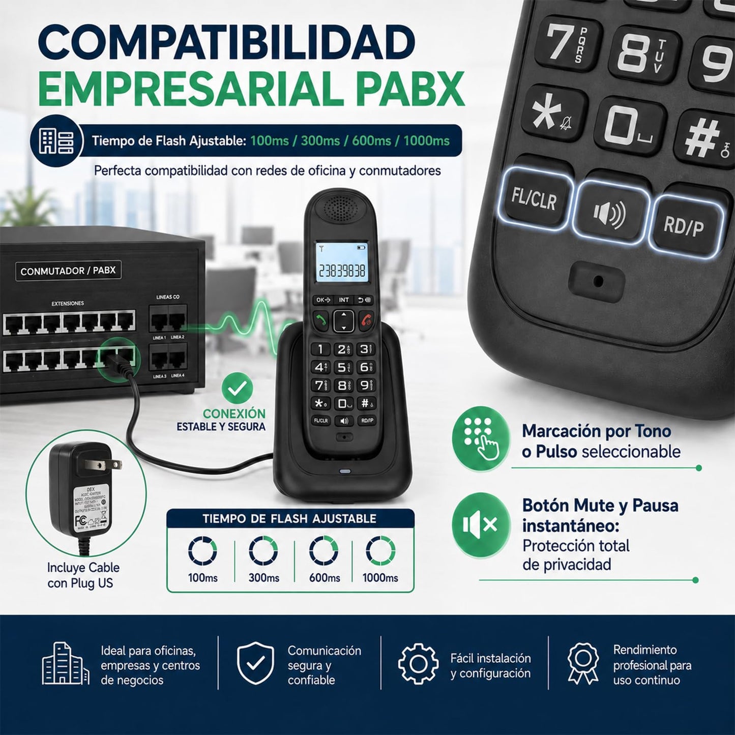 Telefono inalambrico casa con LCD visualización y botones grandes,DECT 6.0 con Expandible de 5 Teléfonos y 4 Bases,identificador de llamadas/llamada en espera,Altavoz dúplex completo,último remarcado