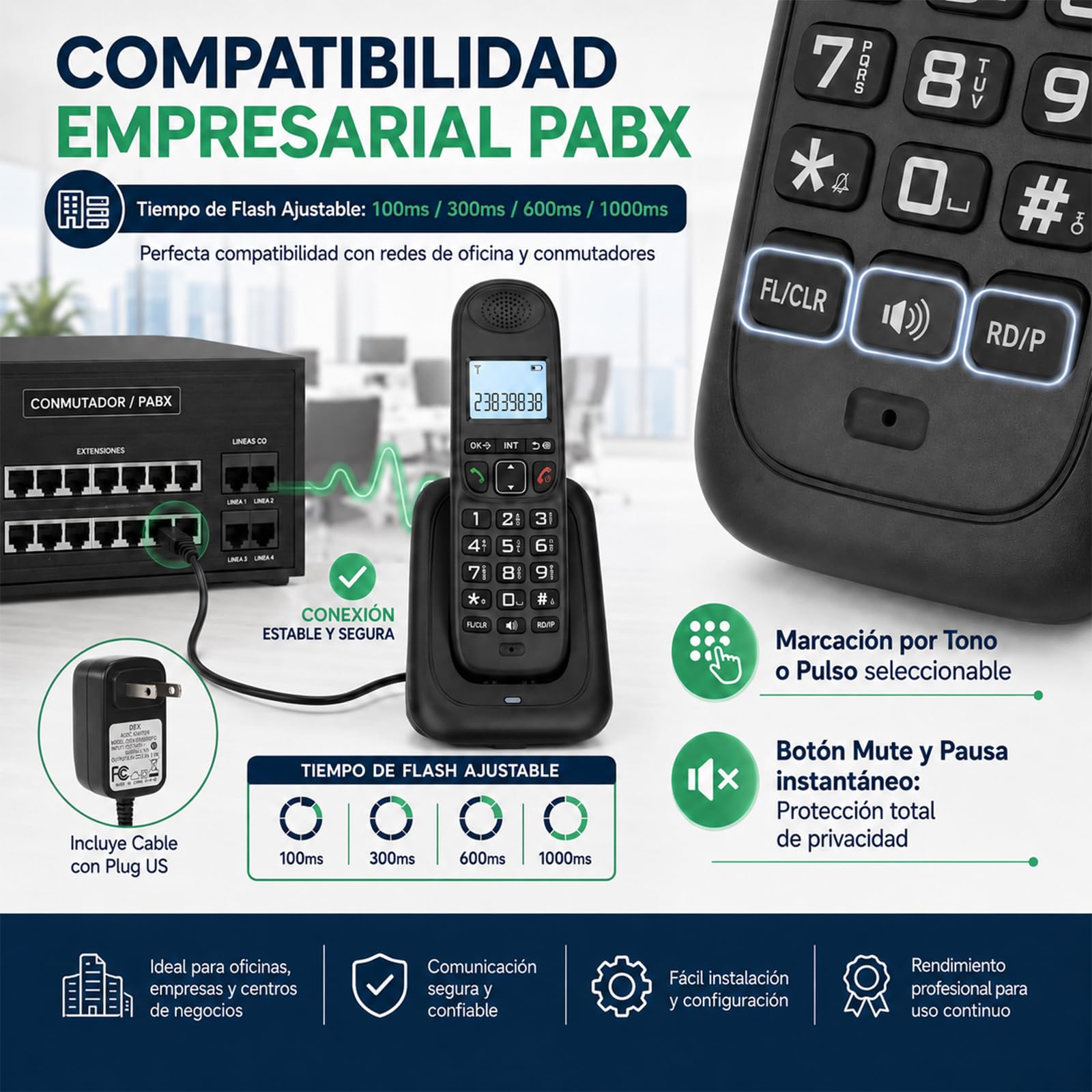 Telefono inalambrico casa con LCD visualización y botones grandes,DECT 6.0 con Expandible de 5 Teléfonos y 4 Bases,identificador de llamadas/llamada en espera,Altavoz dúplex completo,último remarcado