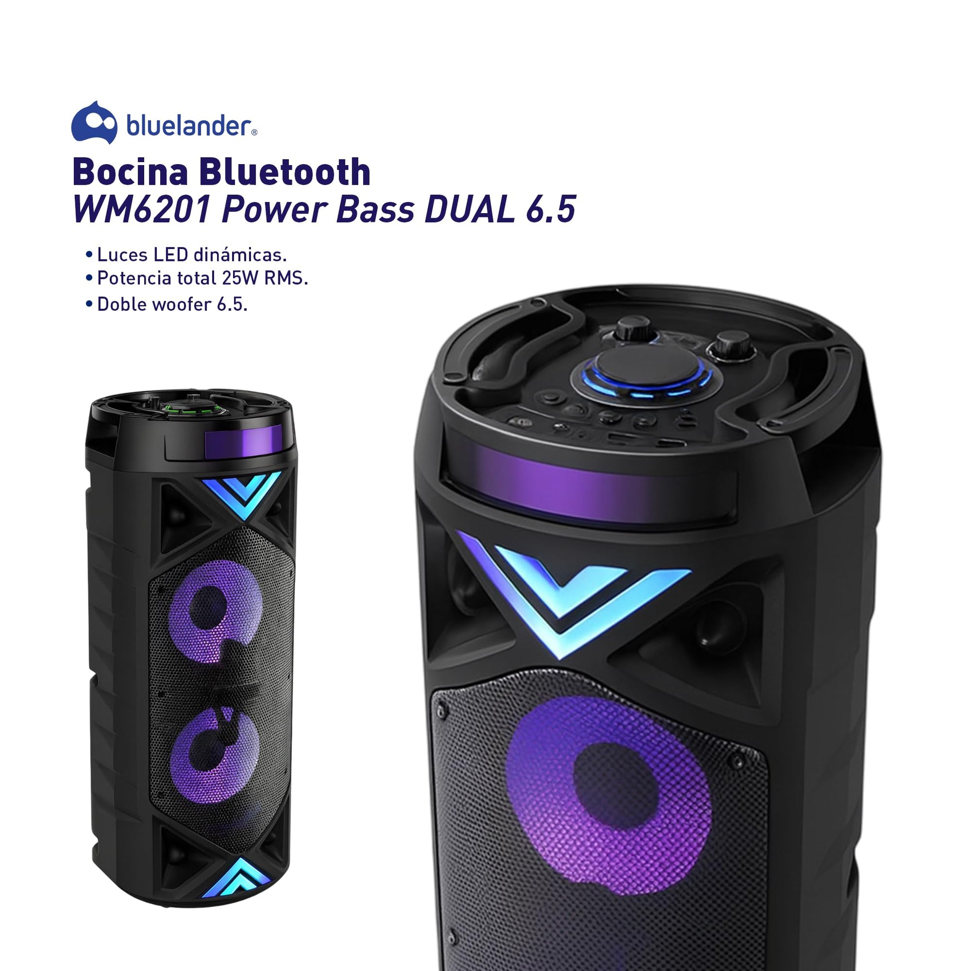 Bluelander Bocina Bluetooth Portátil 25W, Power Bass Dual 6.5, Altavoz con Micrófono, Karaoke, Luces LED, Radio FM, USB, AUX y TWS