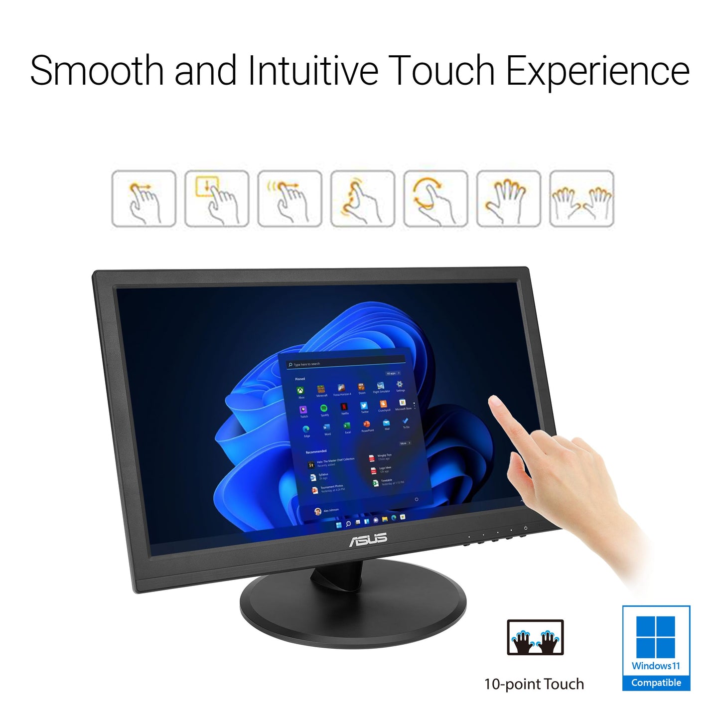 ASUS Monitor táctil 1080P de 15.6" (VT169HE) - Full HD, visualización táctil de 10 puntos, IPS, amplio ángulo de visión, sin marco, cuidado de los ojos, sin parpadeo, luz azul baja, HDMI, cumplimiento