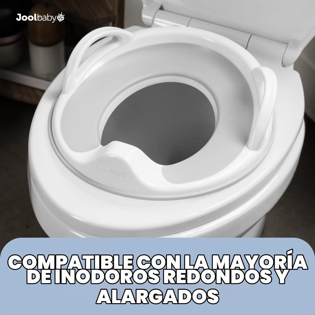 Jool - Asiento de entrenamiento para bebé para niños y niñas con asas, se adapta a inodoros redondos y ovalados, antideslizante con protector contra salpicaduras, incluye gancho de almacenamiento