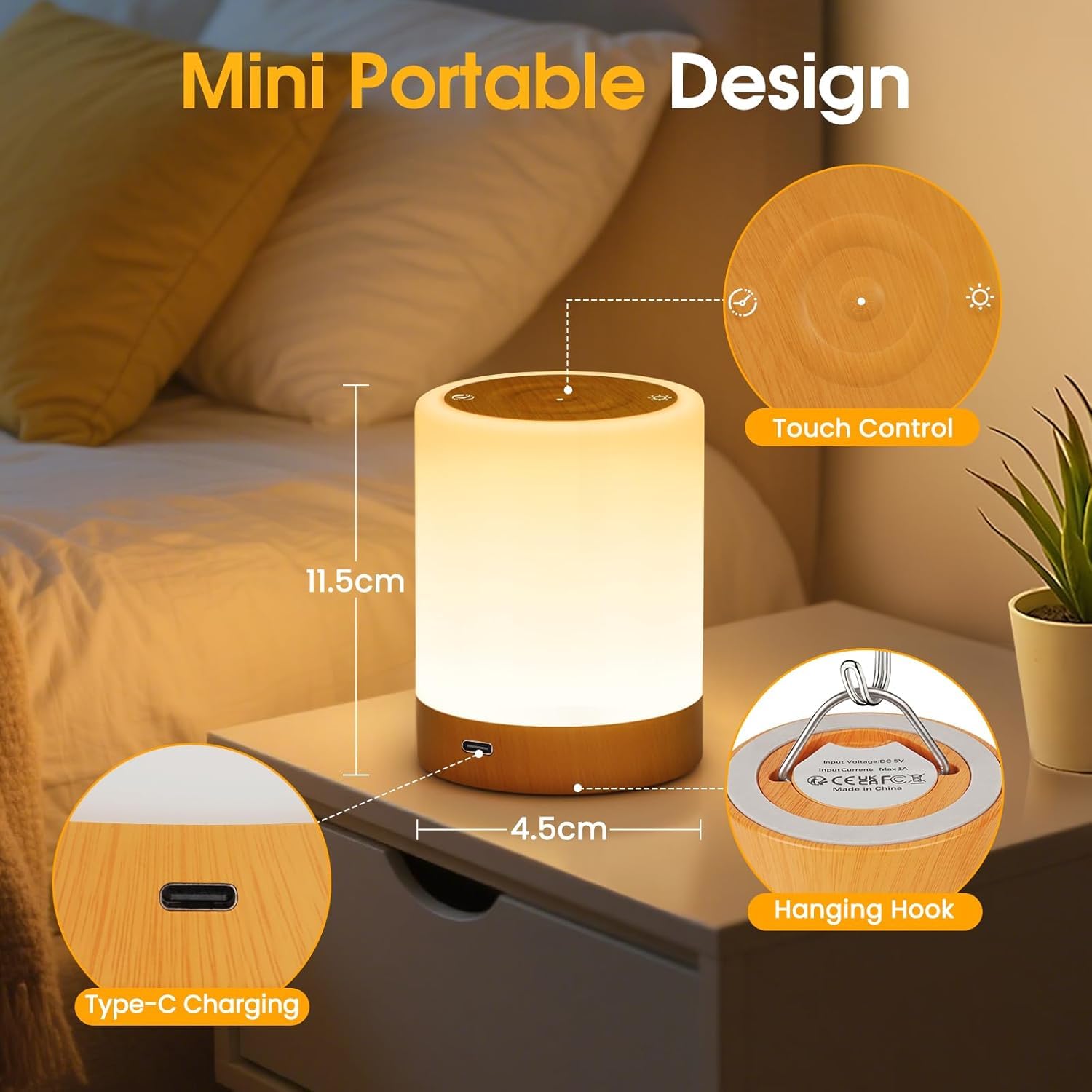 Lámpara de Noche, Sepper Lámpara de Mesita de Noche USB Recargable Regulable, 5 Niveles de Brillo 256 Colores RGB, Control Remoto y Control Tactil Lampara Ambiente Lámpara de Mesa para Decoración
