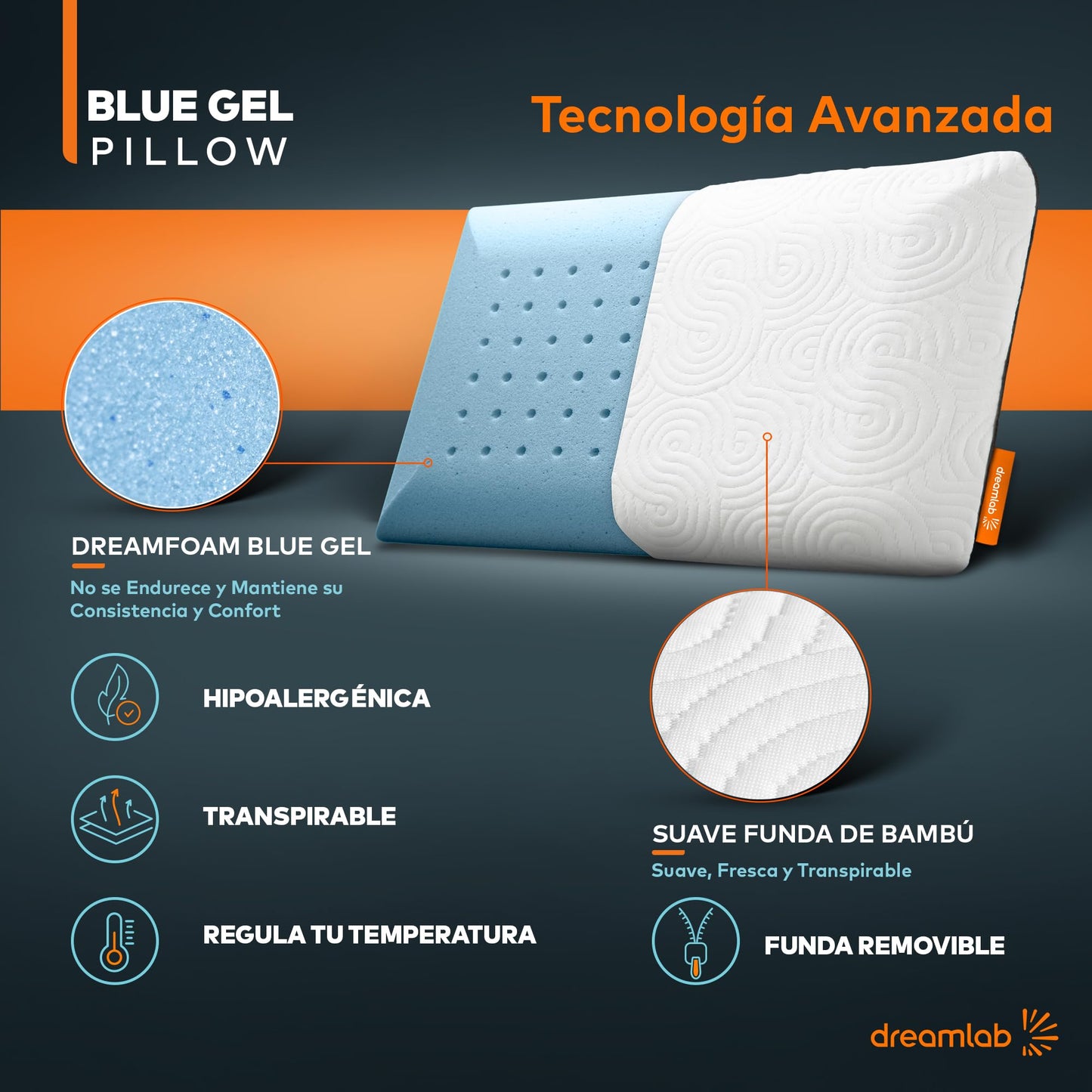 Almohada Dreamlab Azul Memory Foam con Gel y Funda de Bambú Hipoalergénica 2 Piezas Estándar