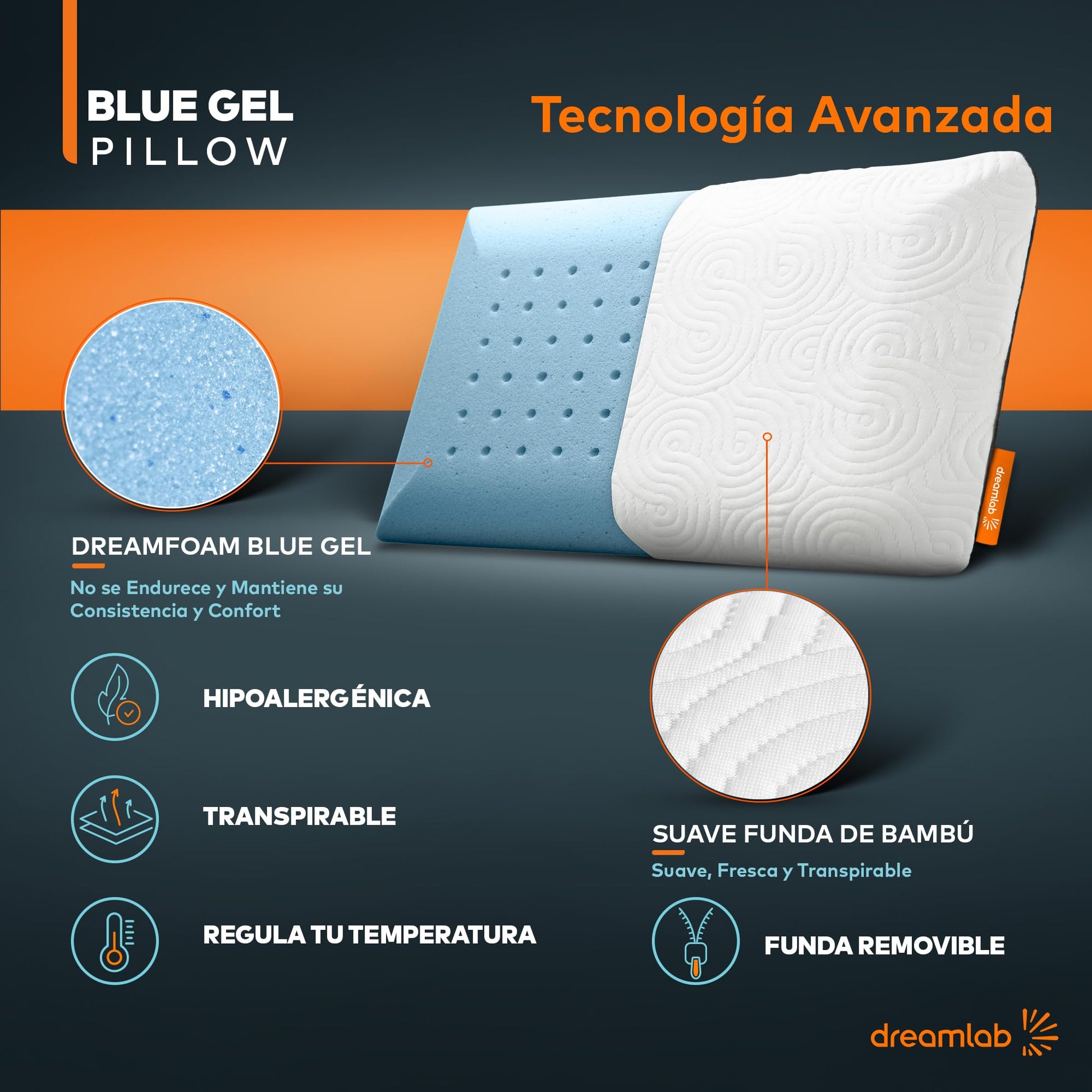 Almohada Dreamlab Azul Memory Foam con Gel y Funda de Bambú Hipoalergénica 2 Piezas Estándar
