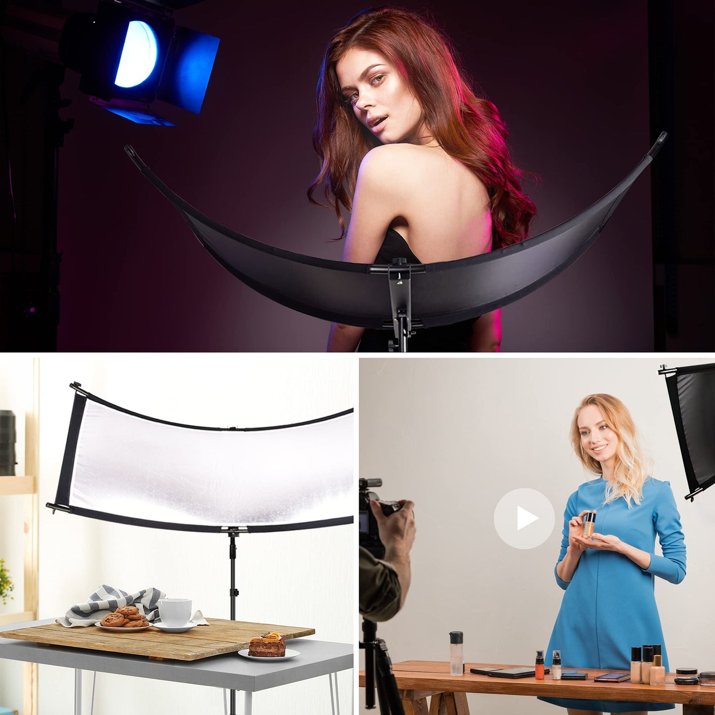 FUDESY Reflector/difusor de luz de concha, reflector curvado de iluminación de fotografía de 170.18 x 60.96 cm, para fotografía y estudio de fotos, con reflectores negro/plateado/blanco/dorado, bolsa