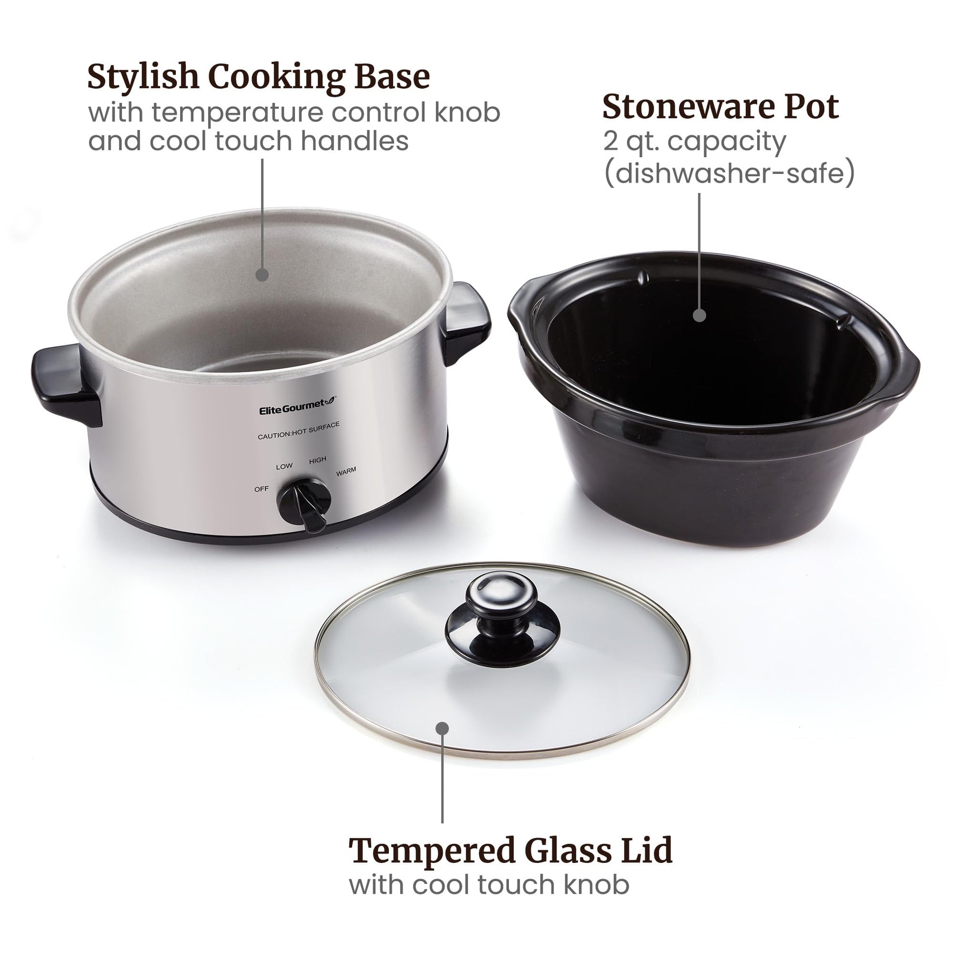 Elite Gourmet - Olla de cocción lenta ovalada eléctrica, 2 cuartos, acero inoxidable