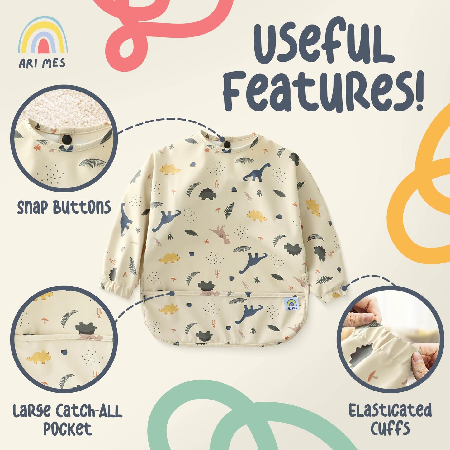 ARI MES - Babero de manga larga impermeable para bebé, traje de babero de manga completa para bebé niño o niña, tamaño mediano, arco iris