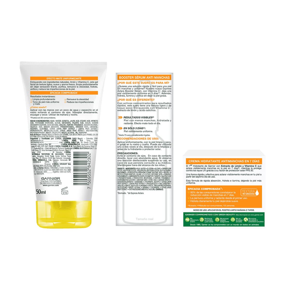 Garnier SkinActive. Kit express aclara: serum, crema y gel con vitamina c + Nivea Sun. Protector Solar Facial FPS50 Control De Brillo 50 ml