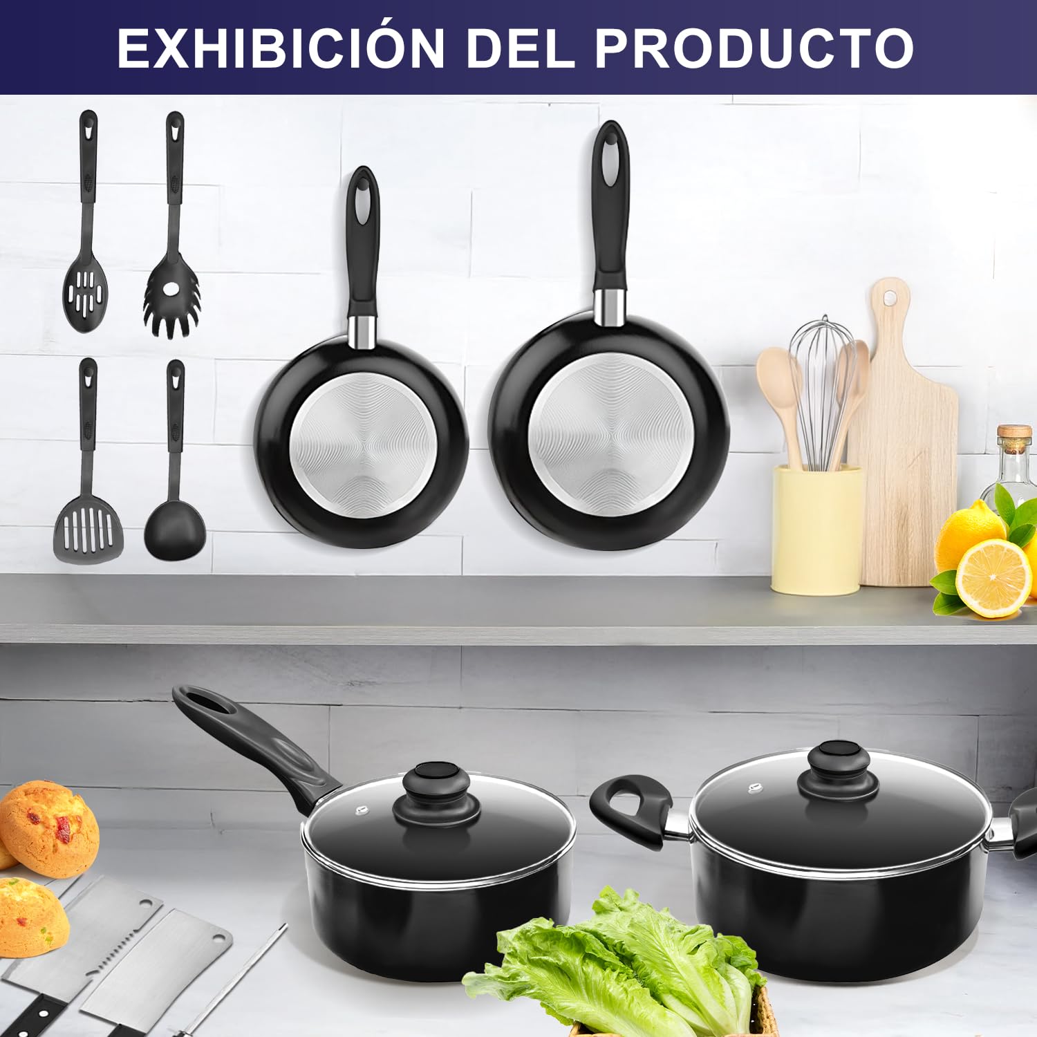 LINGLUCKY Sartenes Antiadherentes con Tapa,Bateria de Cocina, Juego de ollas y sarten 23 Piezas con Sartén, Cazos,Ollas,Cuchillos y Espátula,Juego de Utensilios de Cocina de Color,Negro