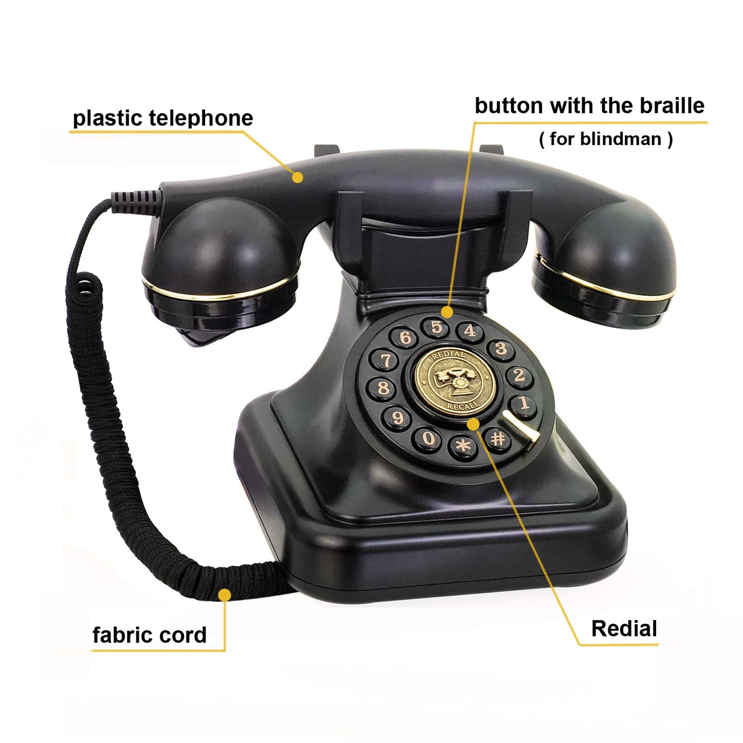 TelPal - Teléfono fijo retro para el hogar, teléfono antiguo con cable negro, botón antiguo de los años 30, teléfono antiguo con botón grande, teléfono clásico, caja fuerte para cortes de energía, botón de revisión, teléfonos clásicos retro de la casa