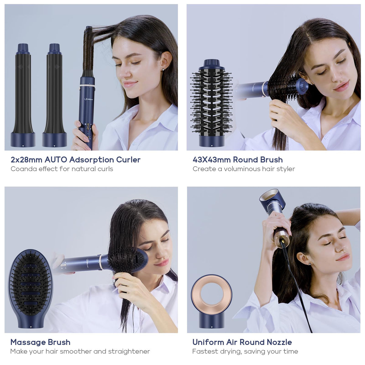 Cepillo Profesional MegaAIR Styler IG INGLAM Azul Prusiano Volumétrico 5 en 1 para Secado de Pelo