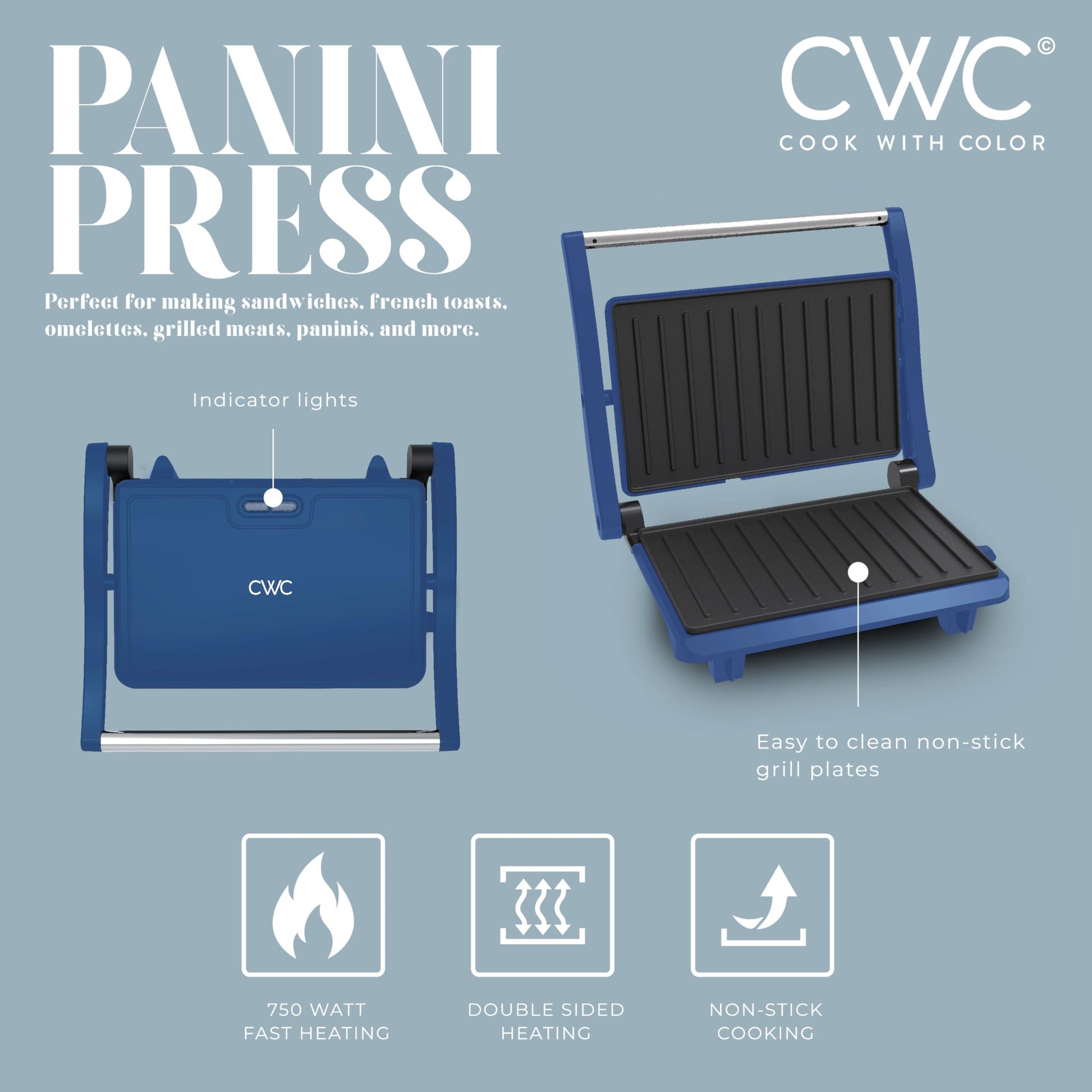 Cocina con color Panini Maker: parrilla de prensa de 2 rebanadas, 760 W de potencia, placas antiadherentes, mango de tacto fresco, diseño compacto, cocción rápida, ideal para deliciosos paninis, azul