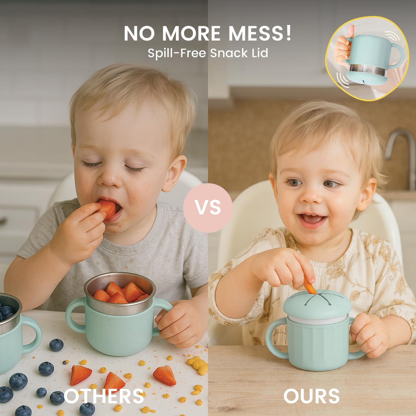 Lulyboo - Taza de aperitivos de acero inoxidable con asas resistente a derrames para niños pequeños