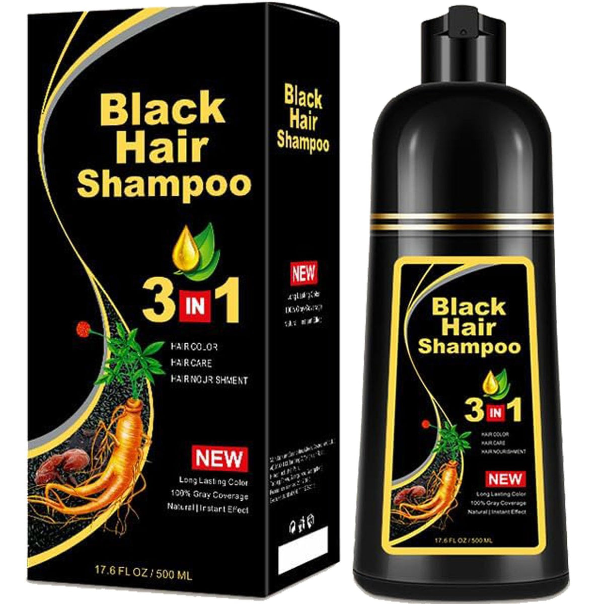 Champú Instant Hair Color para Cabello,hair dye shampoo, Champú Tinte Instantáneo 3 En 1 Fórmula Suave Que contiene Ingredientes Naturales,shampoo tinte, Adecuado Para HombresY mujeres (Negro)