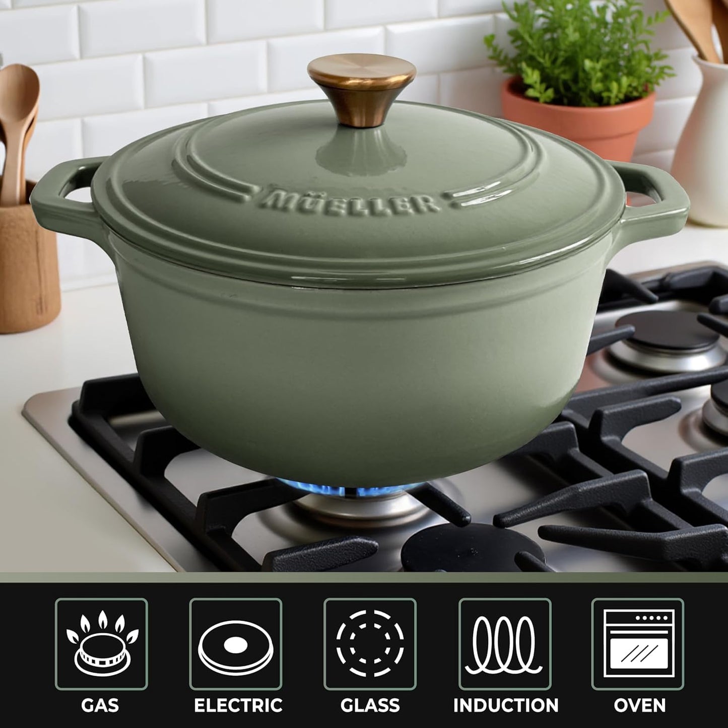 MÜELLERHOME - Horno holandés de hierro fundido esmaltado de 4.5 cuartos para hornear pan de masa madre, resistente, apto para horno hasta 500 °F y en todas las estufas, cazuelas, accesorios de cocina