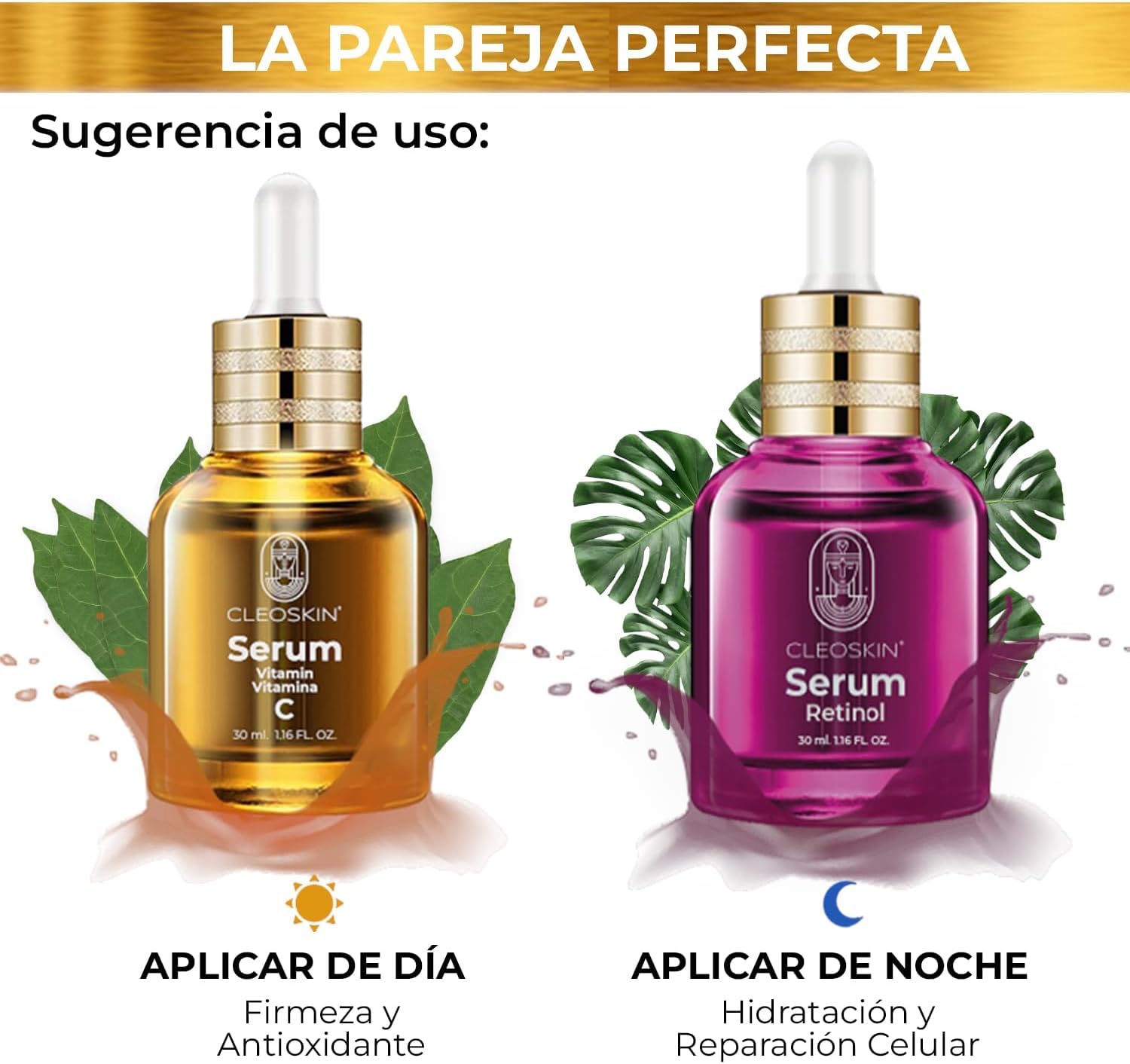 CLEOSKIN Pack 2 Sueros faciales, Serum Vitamina C (Ácido ascórbico) y Serum Retinol (Vitamina A), para el cuidado de la piel, anti manchas, Hidratante Facial, Kit Day & Nigth