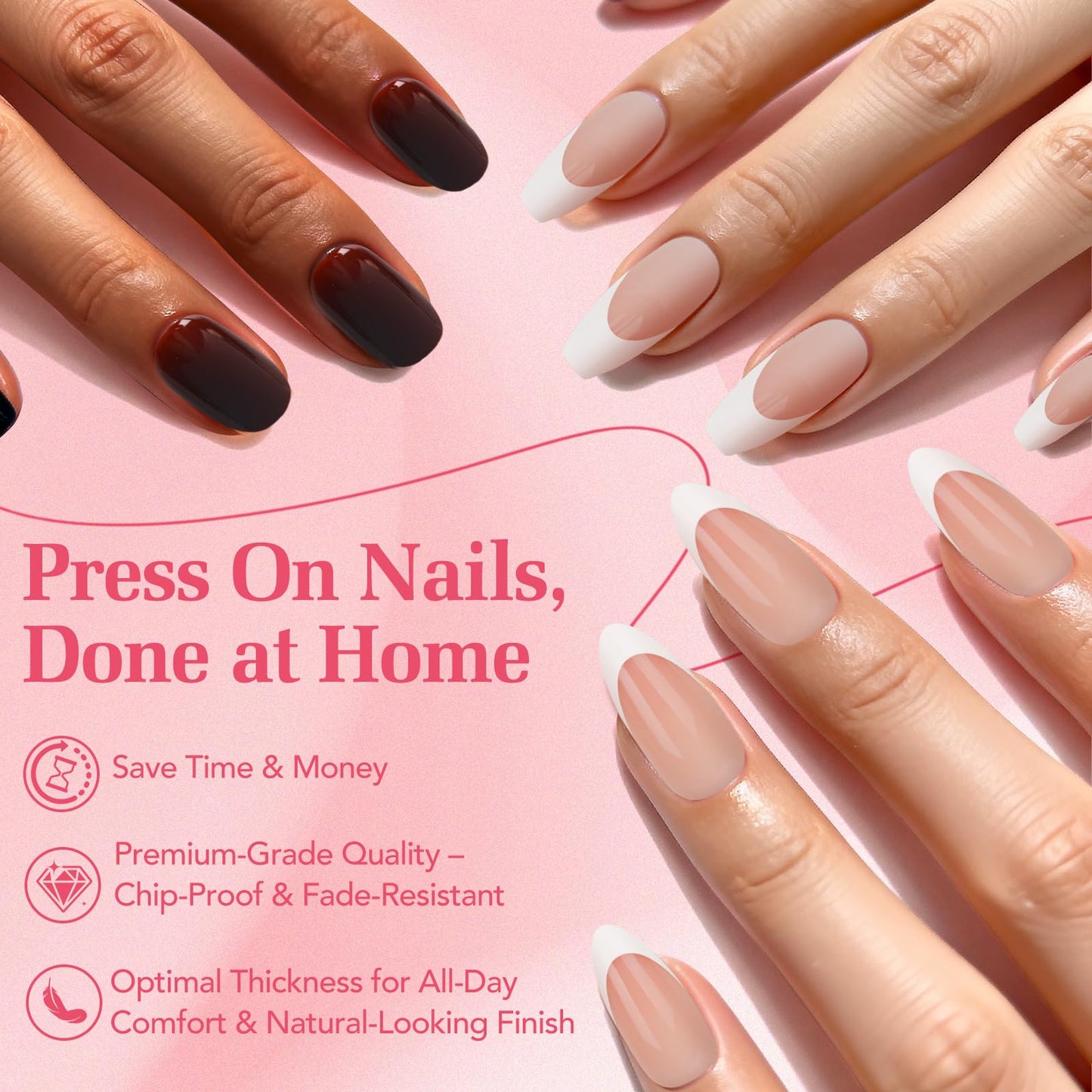 Skiennix Uñas postizas francesas - Forma almendrada mediana puntiaguda, 15 tamaños, 30 piezas de uñas adhesivas de gel suave reutilizables, kit clásico de uñas postizas para mujer.