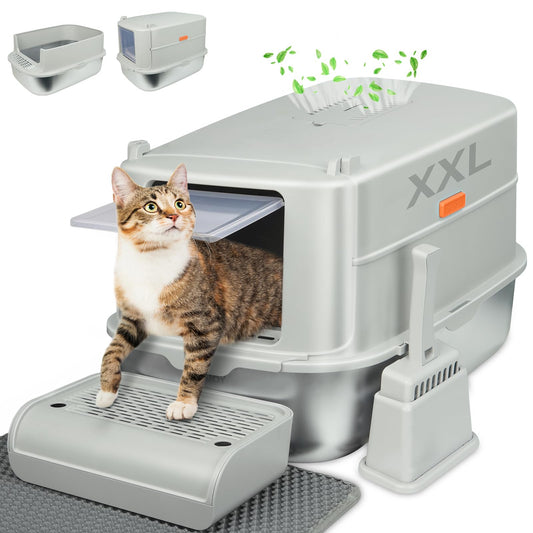GOYJOY - Caja de Arena para Gatos Acero Inoxidable con Tapa Metal Cerrada XL extraíble Cubierta
