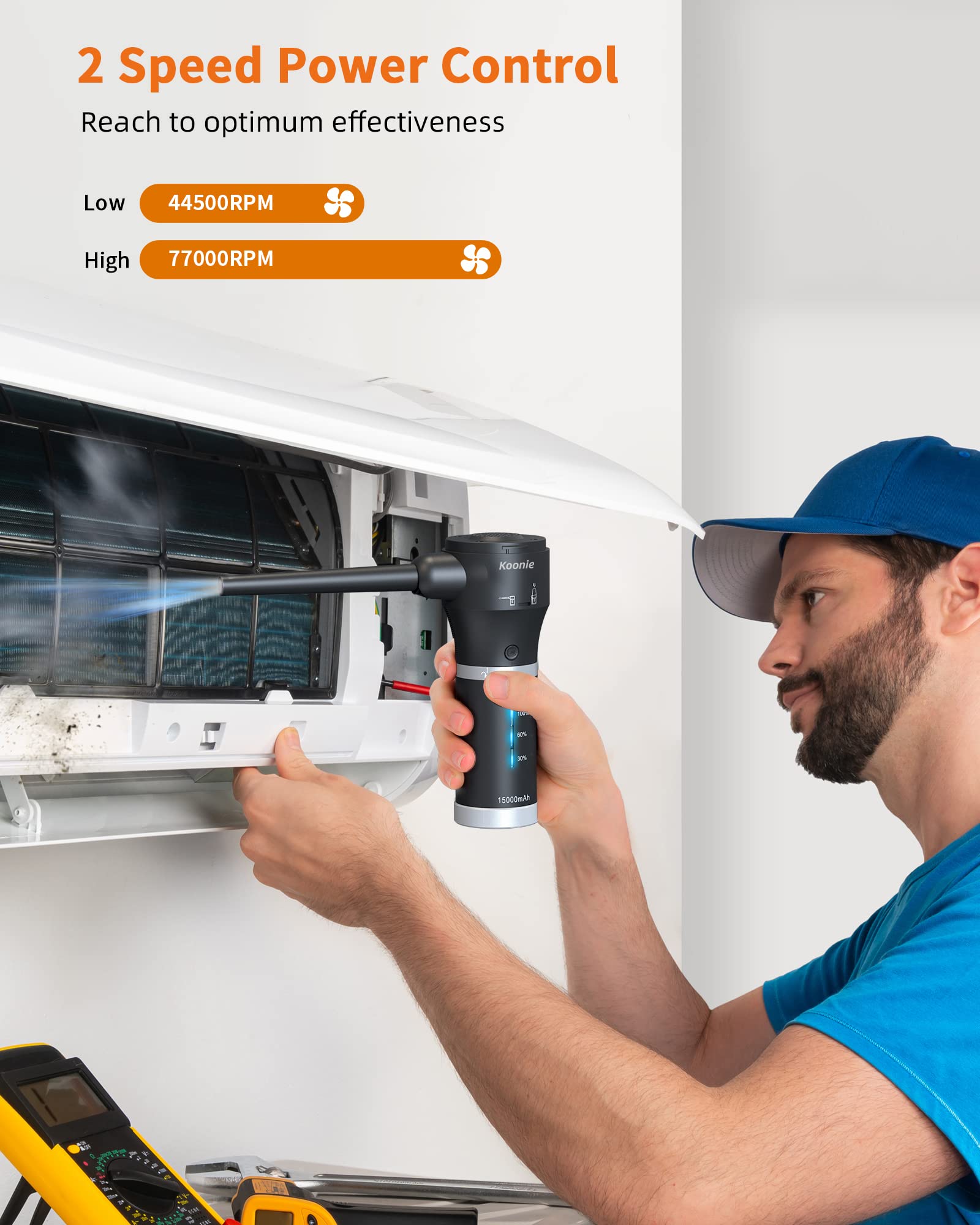 Koonie - Plumero de aire comprimido inalámbrico de 15000 mAh y aspiradora 2 en 1, potente 77000 RPM/11000 PA, 2 velocidades con batería desmontable, para computadora/teclado, coche, electrónica