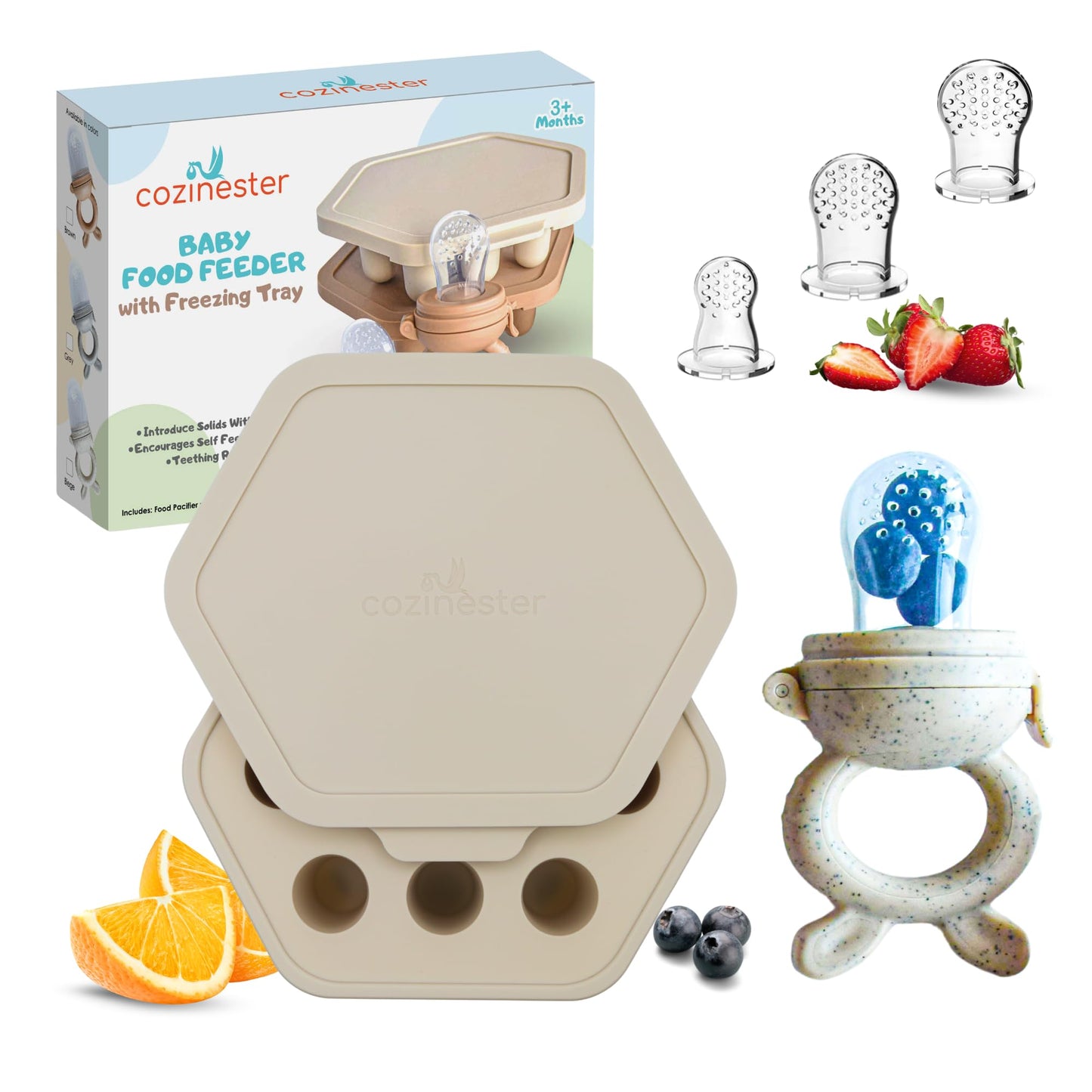 Cozinester - Chupete alimentador de alimentos y frutas para bebés con bandeja de congelación para preparación de lotes, chupete autoalimentable para bebés con 2 bolsas de silicona de diferentes