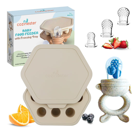 Cozinester - Chupete alimentador de alimentos y frutas para bebés con bandeja de congelación para preparación de lotes, chupete autoalimentable para bebés con 2 bolsas de silicona de diferentes