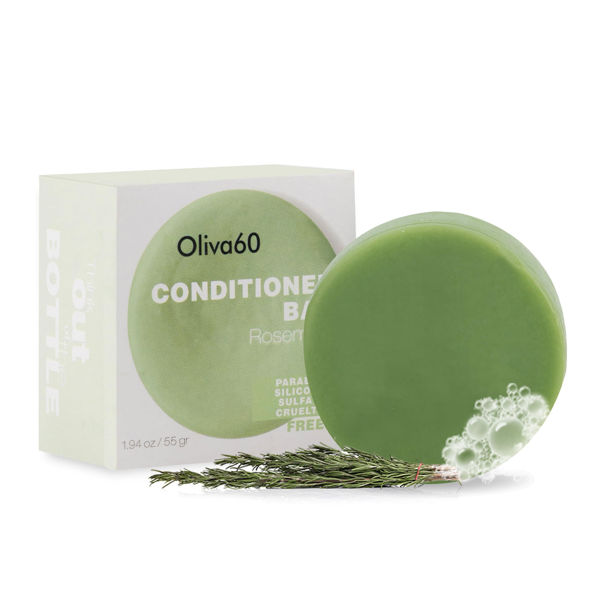 Acondicionador en barra de oliva. Oliva60. Extra hidratante. Desenreda y repara. Con aceite de argán orgánico, macadamia, manteca de karité. Provitamina B5. Libre de sulfatos, parabenos, siliconas. 55gr. (Romero)