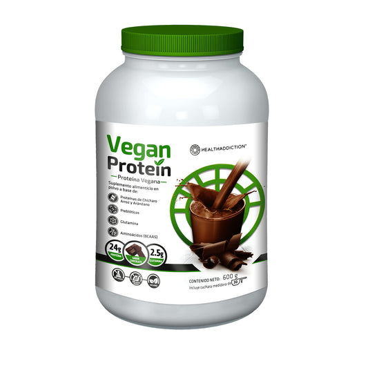 HEALTHADDICTION Proteína Vegana - Delicioso Sabor Chocolate, Con Glutamina y Aminoácidos, 24g de Proteína y 2.5g de Glutamina - Ingredientes Naturales, 600g