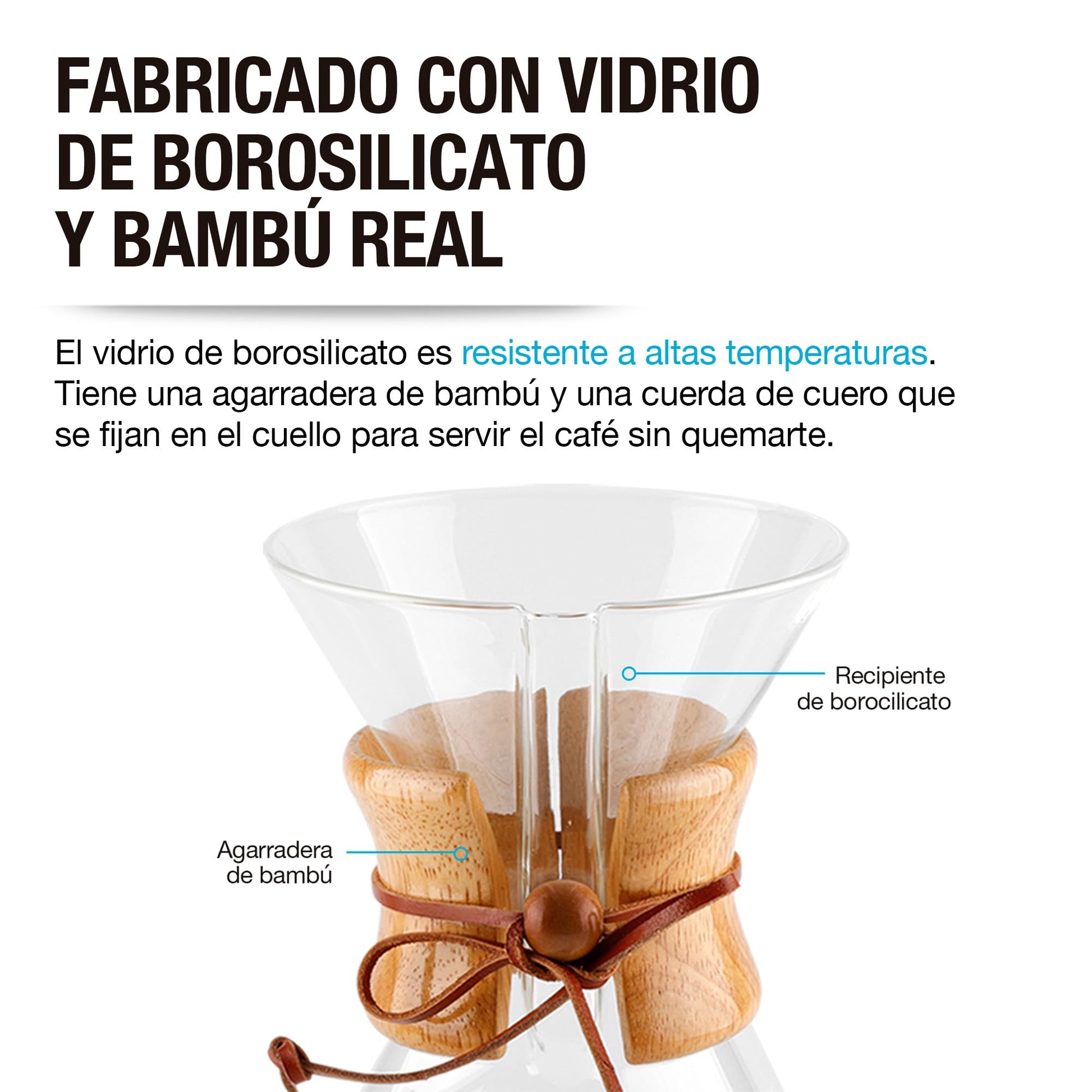 CASA LITUS Cafetera tipo Chemex Grande (800 ml) con Filtro Reutilizable de Acero Inoxidable, Cafetera de Goteo Pour Over Café Molido, Agarradera de Bambú y Vidrio de Borosilicato, Rinde 4 Tazas.