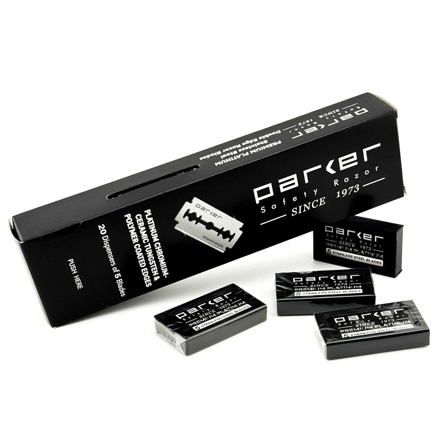 Cuchillas de Afeitar de Seguridad de Doble Filo de Parker, 100 unidades (20 x 5), Cuchillas de Afeitar de Platino Premium con Bordes Recubiertos de Platino, Tungsteno y Cromo
