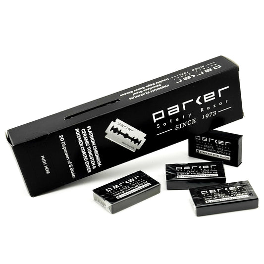 Cuchillas de Afeitar de Seguridad de Doble Filo de Parker, 100 unidades (20 x 5), Cuchillas de Afeitar de Platino Premium con Bordes Recubiertos de Platino, Tungsteno y Cromo