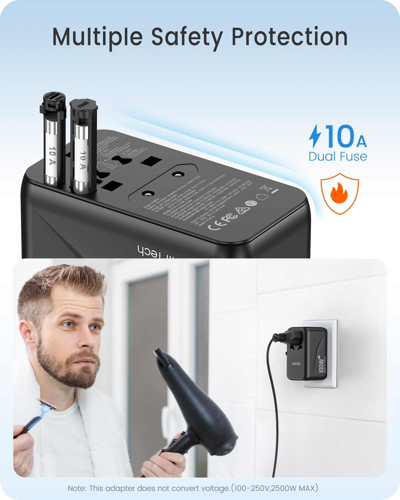 LENCENT Adaptador Universal de Viaje, GAN III 100W Adaptador Internacional con 2 USB QC4.0&2 USB-C PD3.0 Carga Rápida, Cargador Mundial para Teléfono Móvil, Portátil, Negro