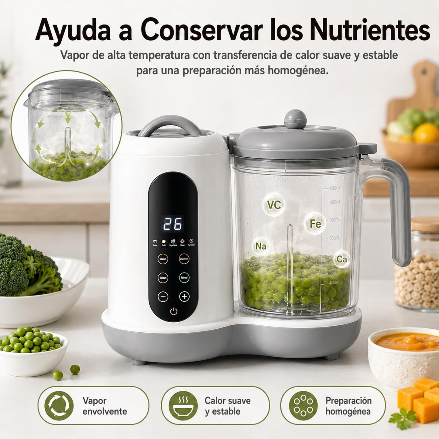 Fabricante de Alimentos Para Bebés,Vaporera Bebe Con Pantalla Táctil,Licuadora Para Papillas de Bebe Para Totalmente Automática,Procesador de Alimentos Bebe Para Cocinar Al Vapor, Remover