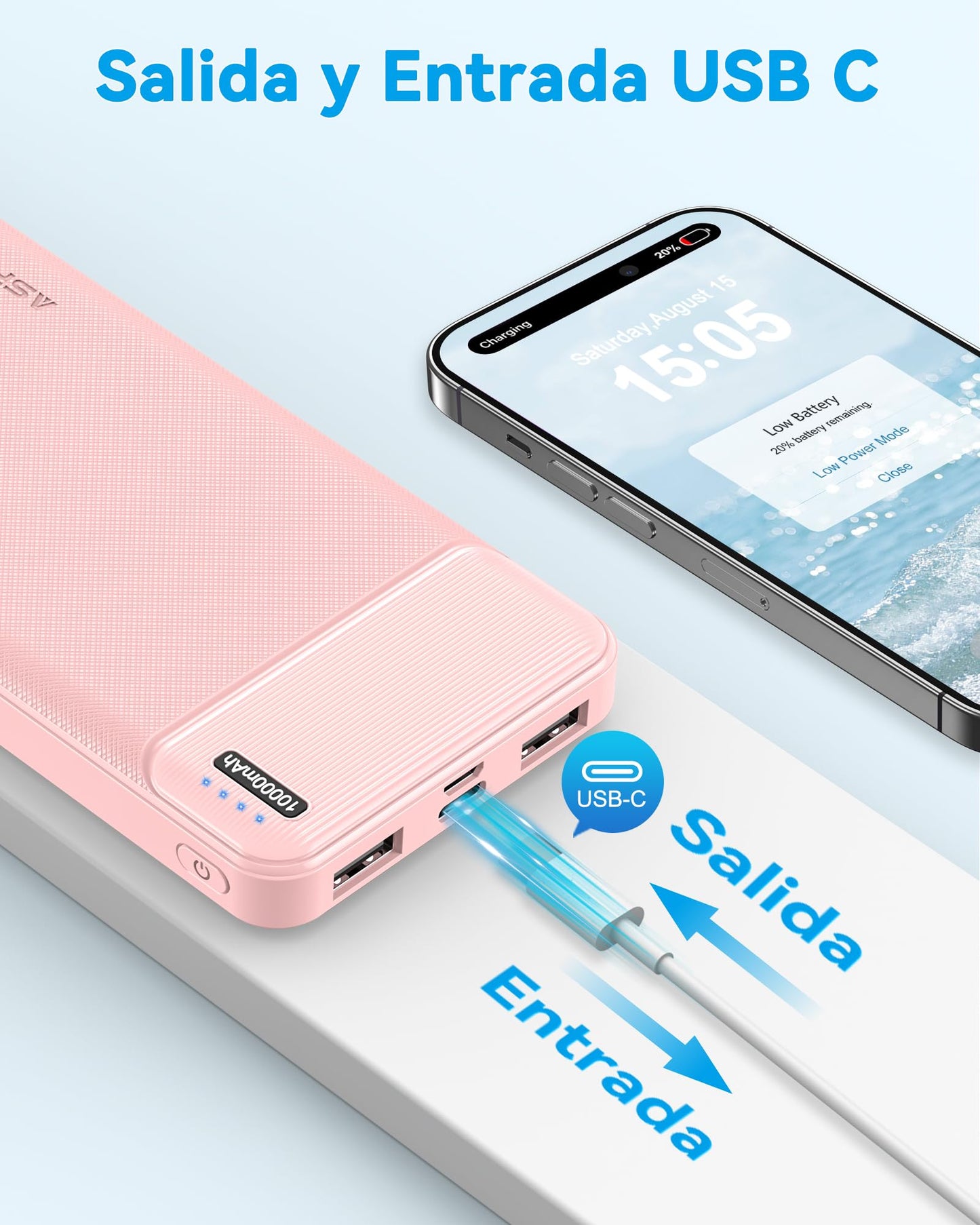 Batería Portátil AsperX 10000mAh USB Carga Rápida Pila Recargable para iPhone y Google