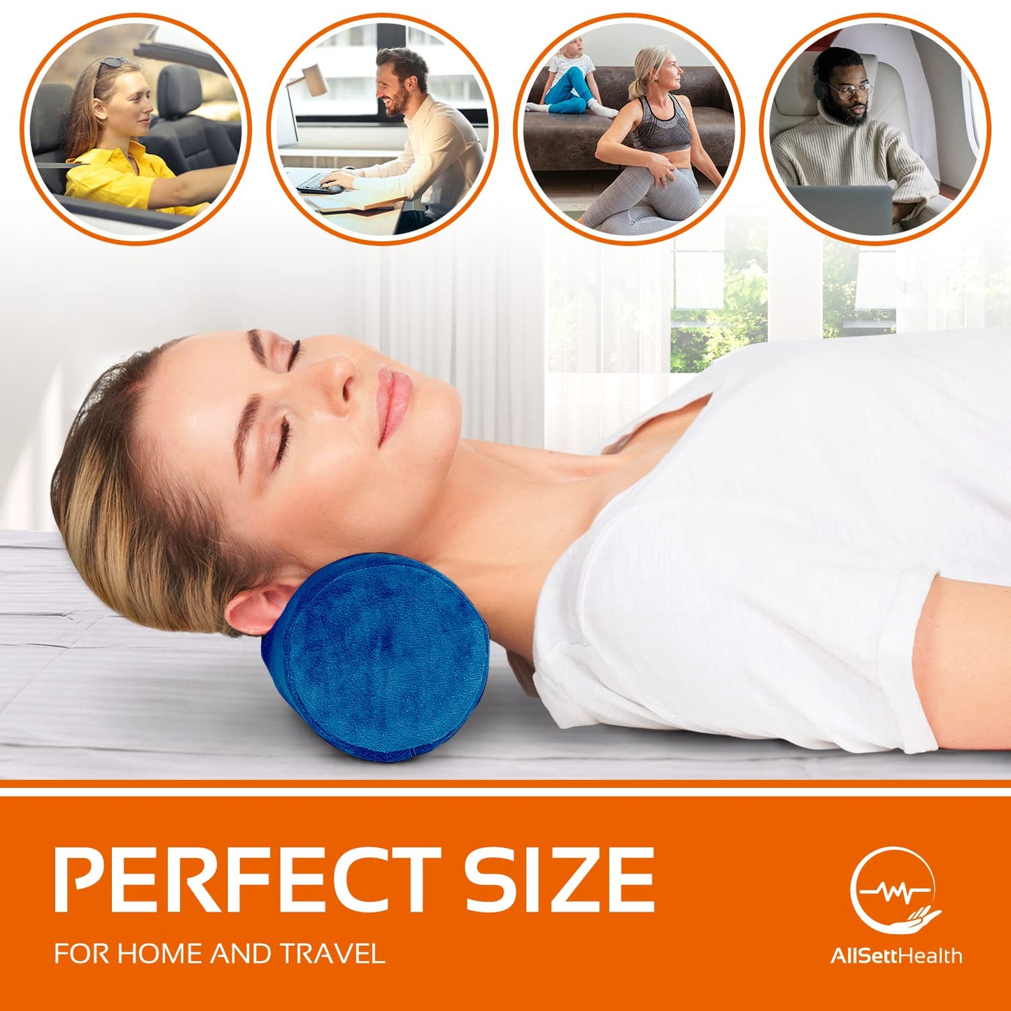 AllSett Health - Almohada de espuma viscoelástica para cuello cervical, almohada de cuello redondo, soporte para dormir, almohada para cama, piernas, espalda y yoga, funda azul