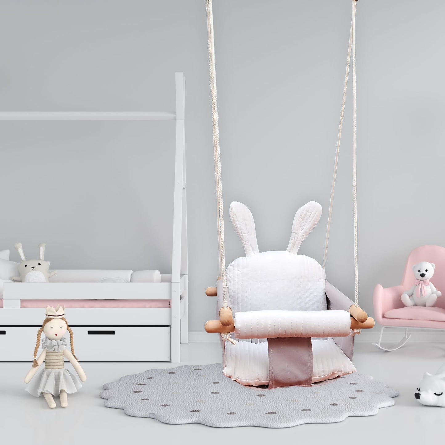 IVREA Asiento de Columpio de Tela Acolchado Modelo Conejo para Bebés y Niños Pequeños - Altura Ajustable, Diseño Seguro, Suave y Cómodo. Gris/Blanco.