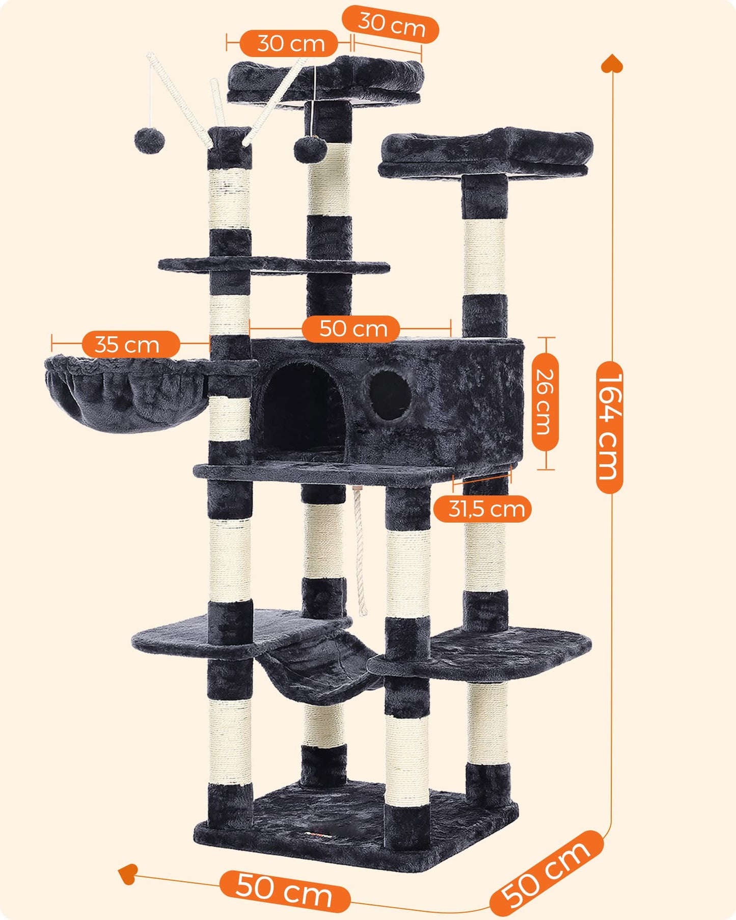 Feandrea Árbol para Gatos, Torre Grande para Gatos, 164 cm, con Hamaca, Condominio para Gatos, Gris Ahumado MPCT087G01