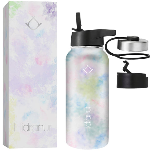 Hidranur Termo de Acero Inoxidable Doble Aislamiento Térmico, Termo Para Café 32 oz (946.35 ml), 3 Tapas Herméticas, 2 Popotes, 24 Hrs de Agua Caliente y Fría (Blanco Mármol, 32 Oz (946.35 ml))