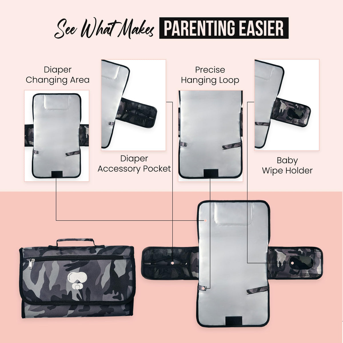 Cambiador portátil de pañales de camuflaje negro y gris, cambiador compacto de bebé para padres diarios y de viaje
