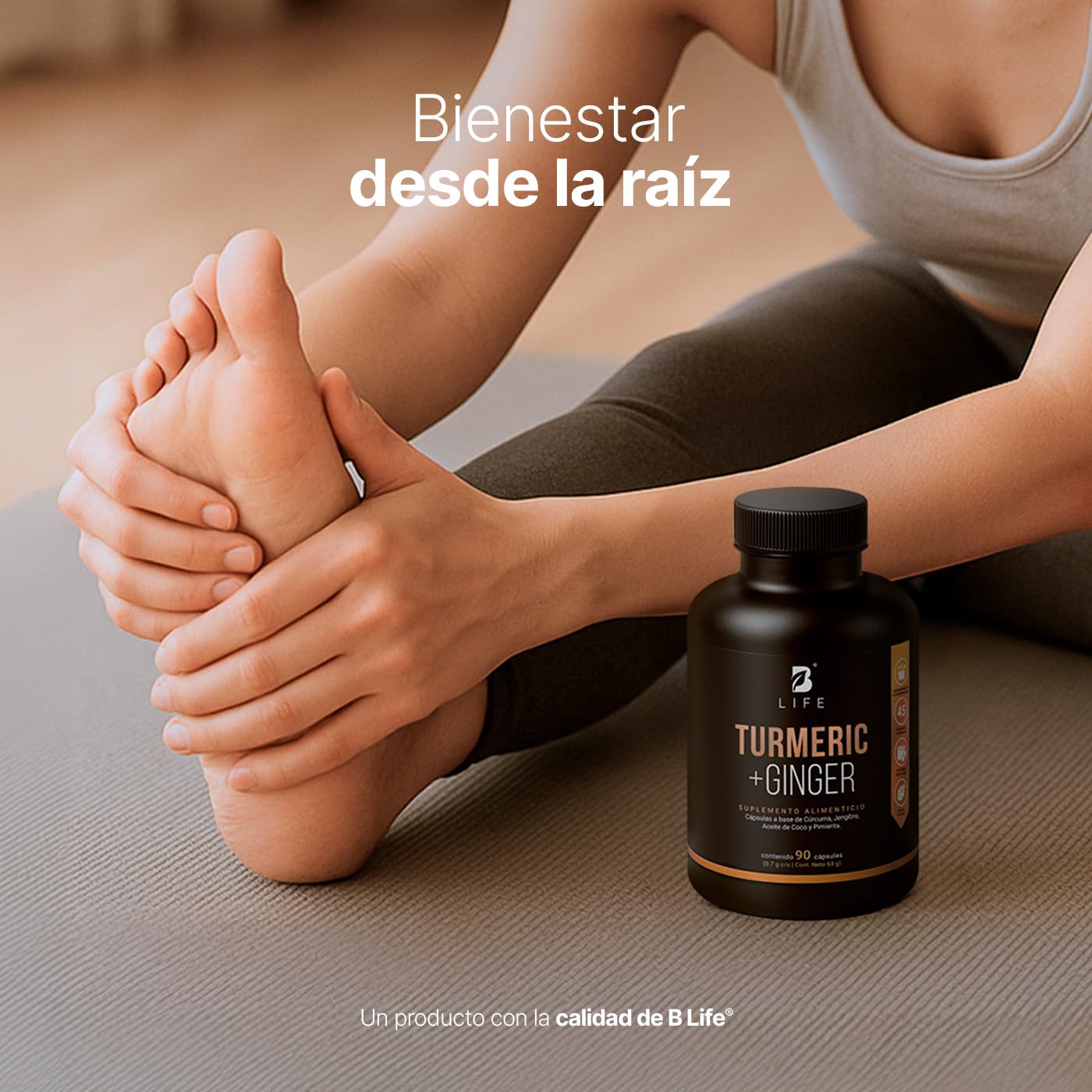 Cúrcuma + Jengibre 90 Cápsulas 1400 mg por porción. Adicionado con Aceite de Coco. Ingredientes naturales. Turmeric + Ginger B Life
