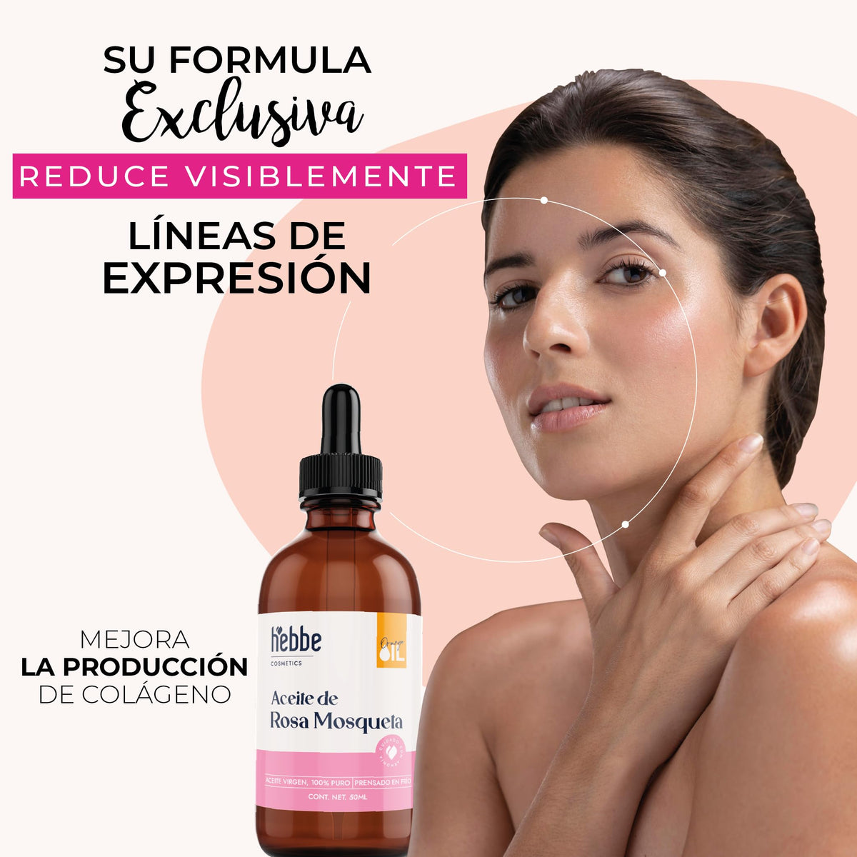 HEBBE | Aceite De Rosa Mosqueta 50 ml | Tratamiento Facial Antiedad y Reparador Cutáneo | Regenerador De Piel, Reduce Manchas, Ojeras y Estrías | Aceite Natural