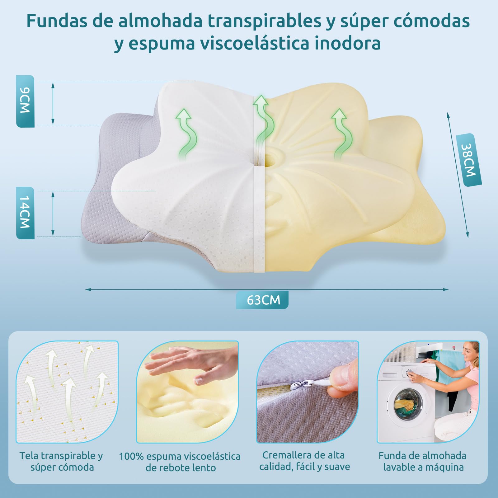 Almohada Cervical DONAMA Espuma Viscoelástica ergonómica ortopédica para Personas Que Duermen de Lado, Boca Abajo y Boca Arriba