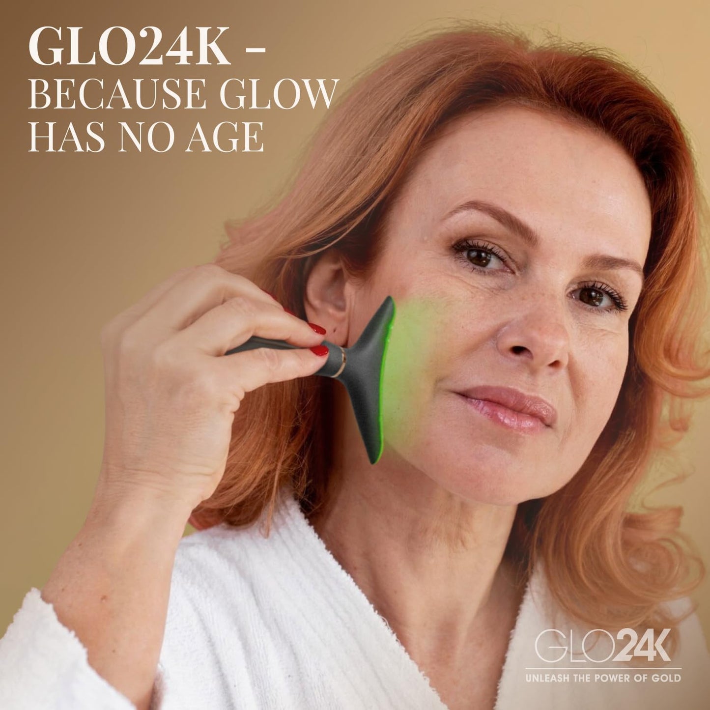 GLO24K - Dispositivo de belleza para rejuvenecimiento de la piel para cara y cuello, basado en tecnología LED de triple acción, térmica y vibración. Levanta y aprieta la piel flácida para una apariencia radiante.