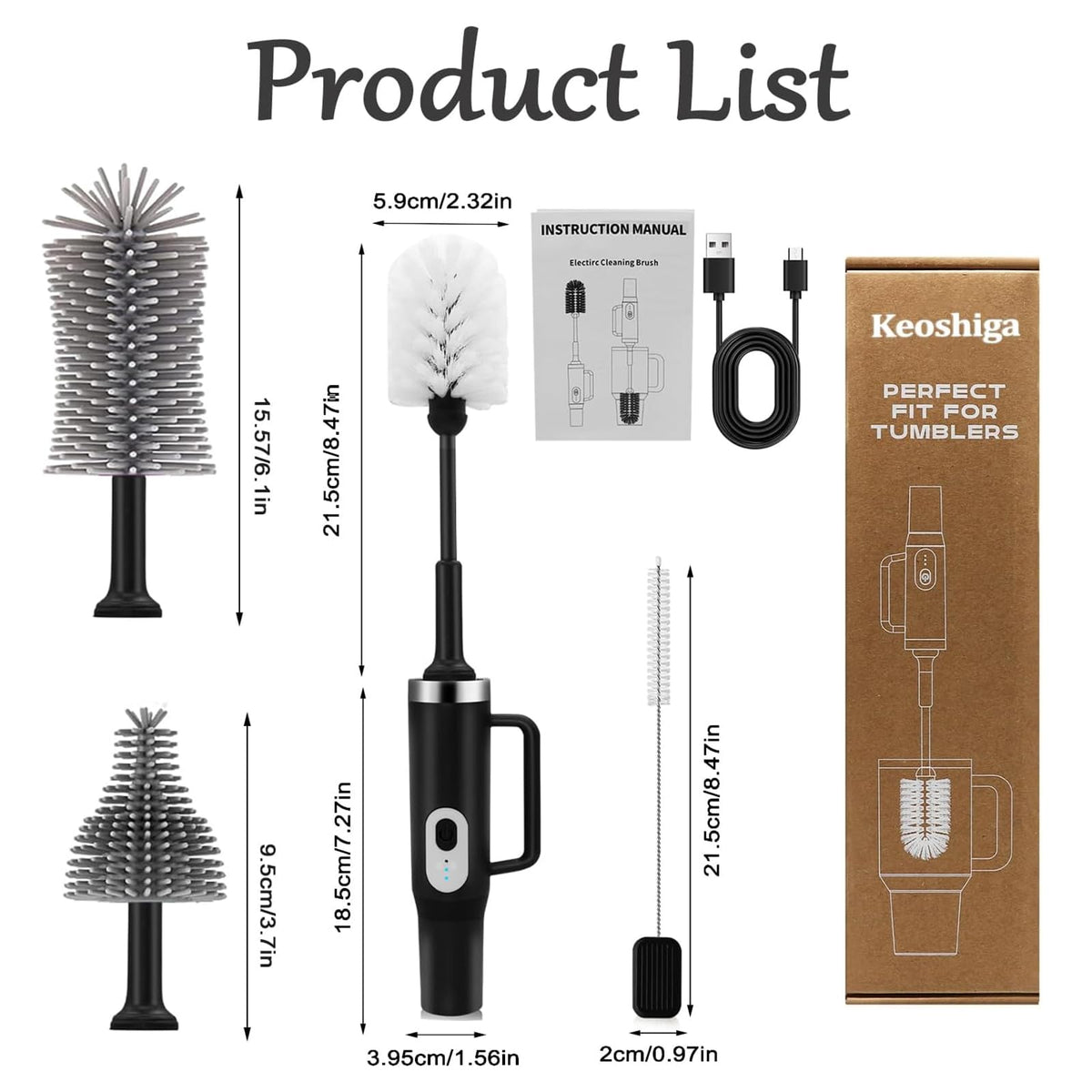 Keoshiga Limpiador de botellas eléctrico 5 en 1, compatible con Stanley, cepillo para botellas, limpiador de pajitas, multifunción, recargable, resistente al agua IPX6, diseño extra largo para Stanley