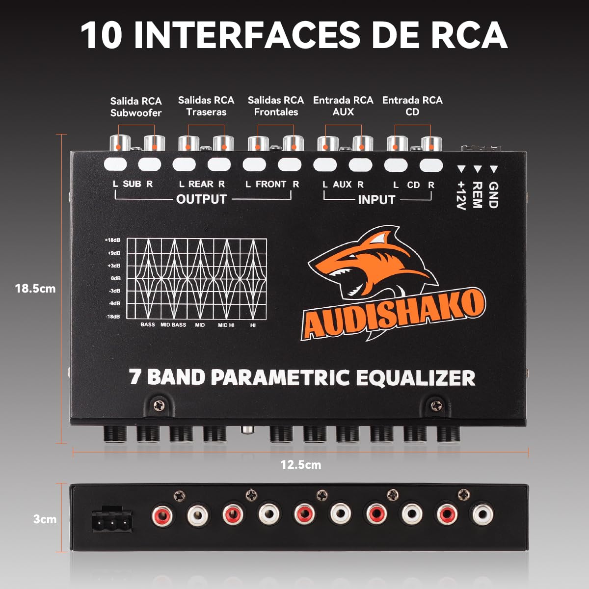 Ecualizador AUDISHAKO 7 Bandas 6 Salidas RCA 4 Entradas RCA con Indicador LED para Carros, Pickups y SUV