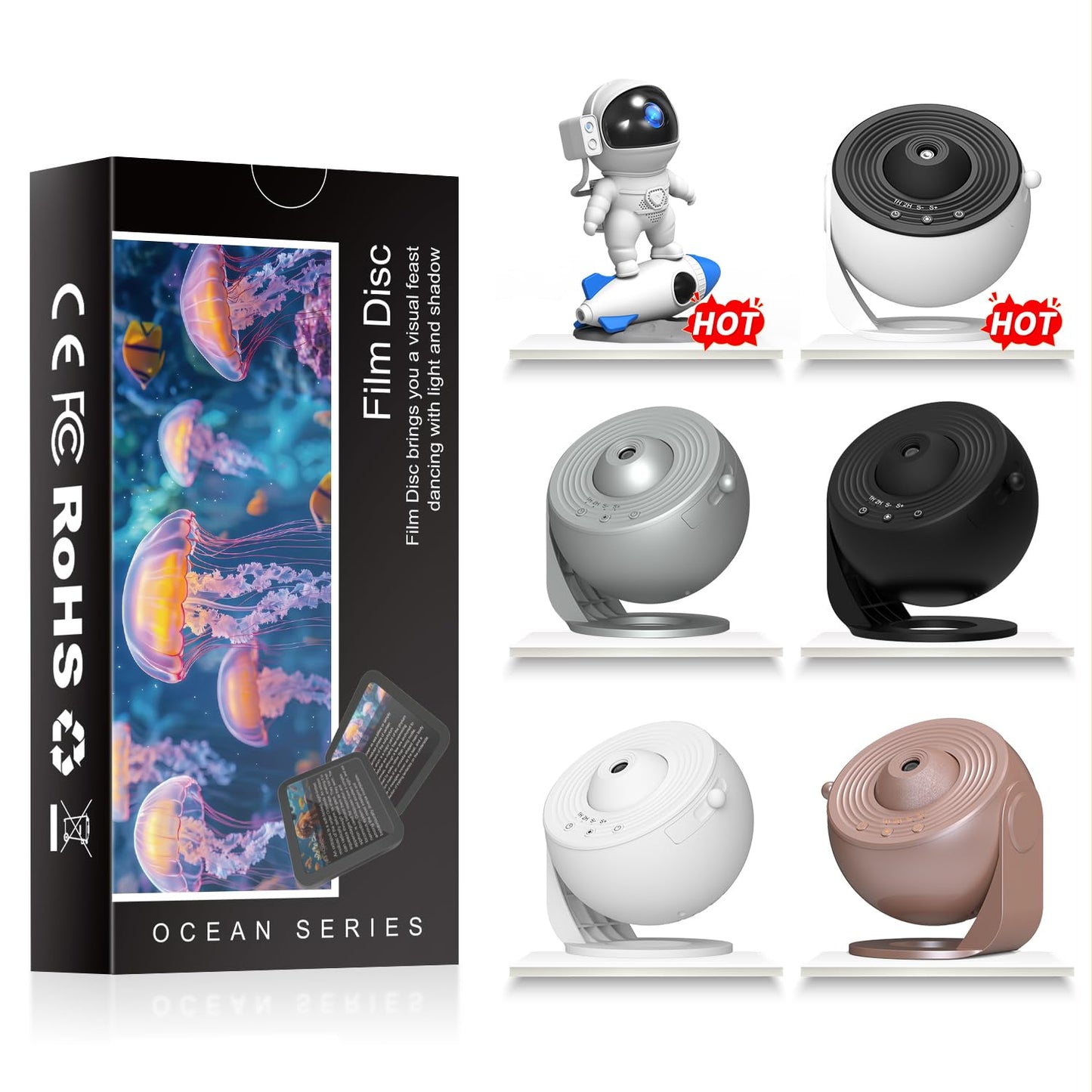 Disco proyector Galaxy, disco proyector con versión oceánica, 6 discos HD Galaxy reemplazables en 4K, proyector de luz nocturna, lámpara de cielo estrellado, para recámara de niños, regalos de
