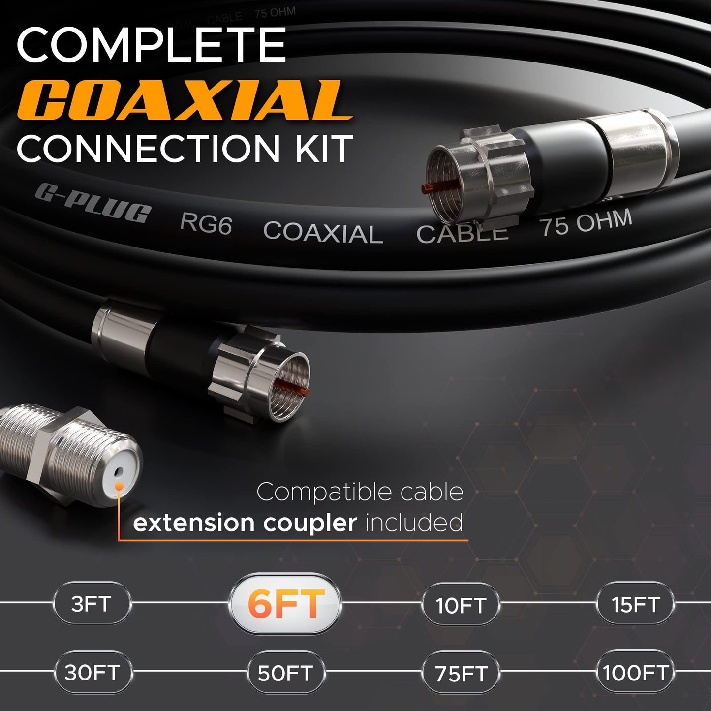 G-PLUG Cable Coaxial RG6 75 Ohm, Triple Blindaje, Conectores F Tipo Macho a Macho, Cable Antena TV, Satelital e Internet Banda Ancha, Incluye Acoplador F81, Negro