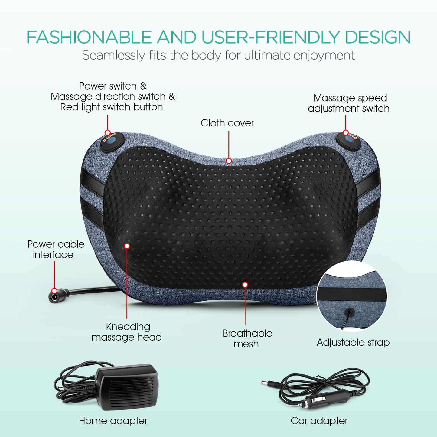 VOYOR-HEALTH Shiatsu Neck Almohada De Masaje De Espalda Con Calor，Masajeador De Amasado De Tejido Profundo 3D Para Alivio Del Dolor De Hombro, Pierna, Pie, Cintura, Regalo Para Hombres Mujer