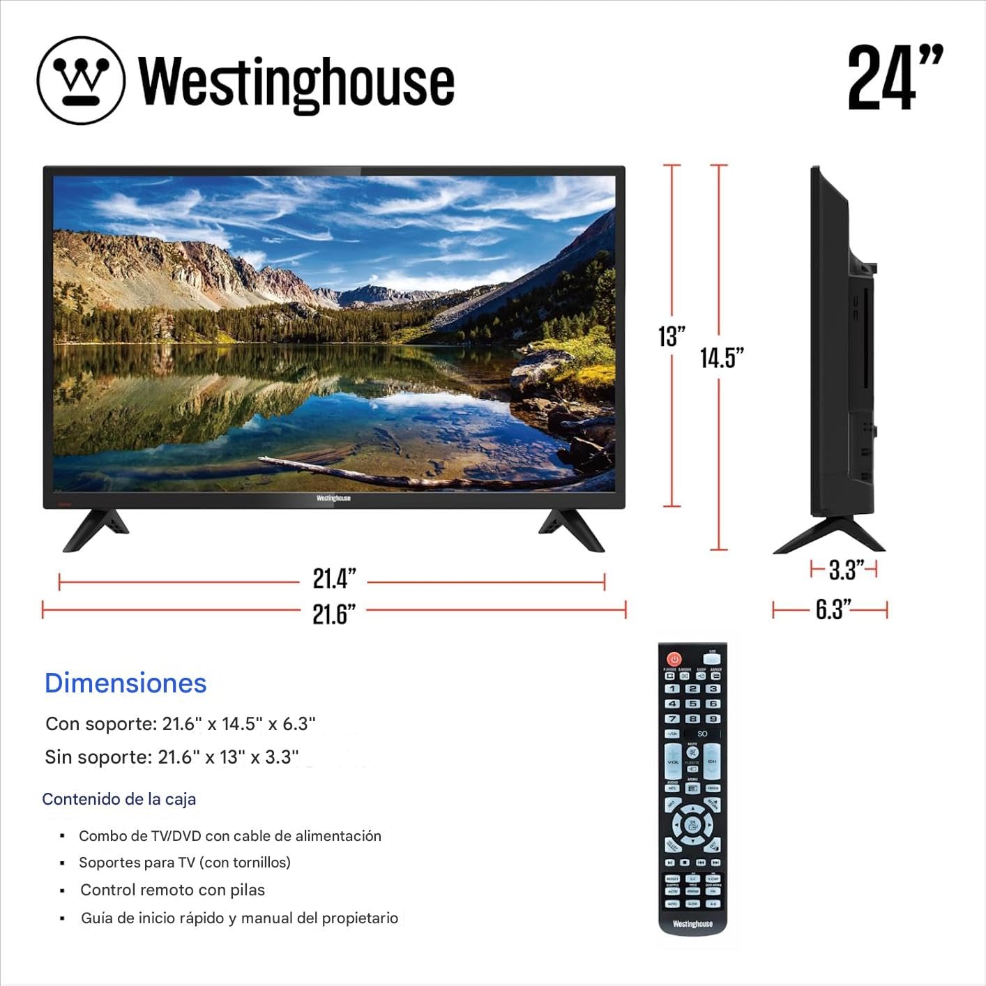 Westinghouse de 24" Pulgadas con Reproductor de DVD Incorporado, LED 720p HD, Combo de DVD, Compatible con Fire Stick, Roku, Apple TV, TiVo, Xumo y Dispositivos de transmisión. - WD24HX5201
